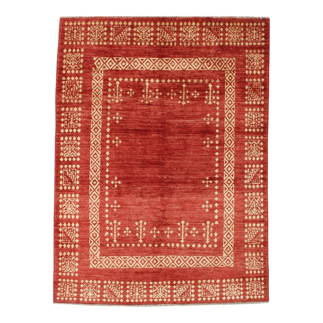 Vintage Hand-Knotted Persian Gabbeh Rug 4'11" X 6'10": Vintage Hand-knotted Persian Gabbeh rug featuring a rich red field framed by ivory geometric borders with repeating tribal motifs. The design combines a strong central field with layered decorative