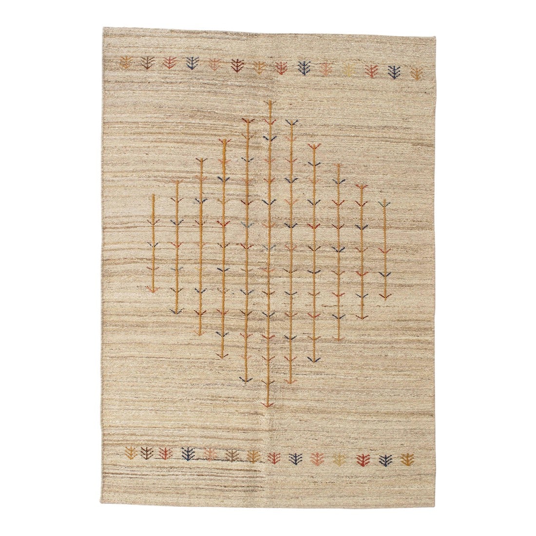 Late 20th Century Hand-Knotted Persian Sumak-Style Gabbeh Weave Rug 4'7" X 6'6": Hand-knotted Sumak rug featuring a soft beige field with a central diamond-shaped arrangement of stylized tree motifs. The linear trees, rendered in rust, gold, muted blue, and earthy tones, create a