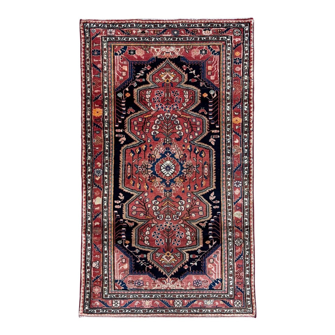 Antique Persian Hamadan Hand-Knotted Rug 3'7" X 6'1": Hand-knotted village rug from the Hamadan region of western Iran, featuring a series of connected geometric medallions aligned along the central axis within a deep navy field. The design incorporates