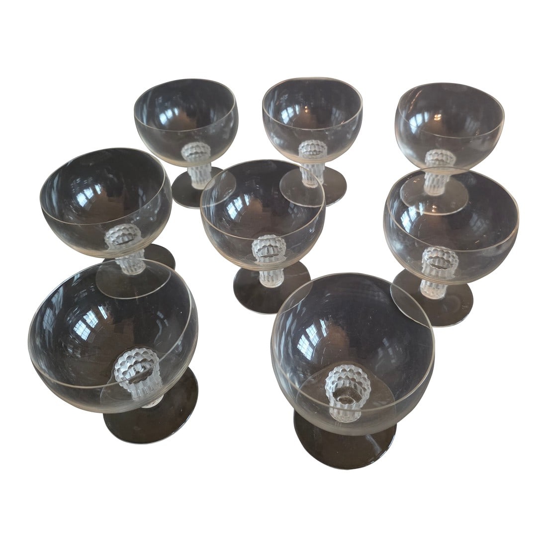 1930s Lalique Art Deco "Bamboo" Pattern Cordials Set of Eight: Great set of Eight R. LALIQUE small glasses. Perfect for a dessert or a cocktail. Condition: Alterations: Original Condition Unaltered Imperfections: Some Imperfections Condition Notes: Great