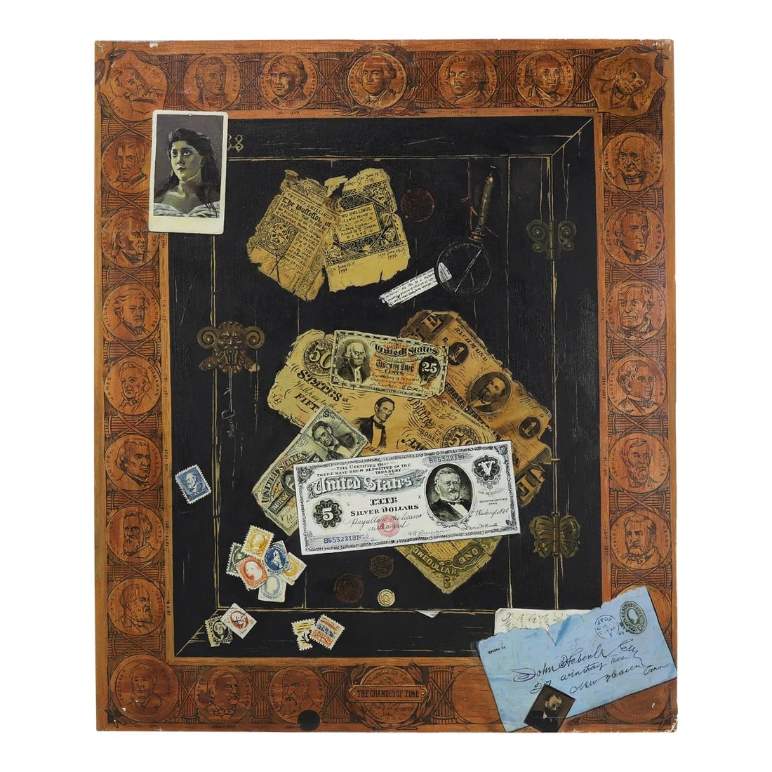 Vintage Trompe l'Oeil Americana Oil Painting With Presidential Border: This captivating vintage trompe l'oeil oil painting, titled "The Changes of Time," is a masterful example of late 19th-century style Americana, depicting a black safe door adorned with incredibly