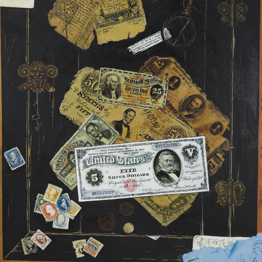 Vintage Trompe l'Oeil Americana Oil Painting With Presidential Border - 5