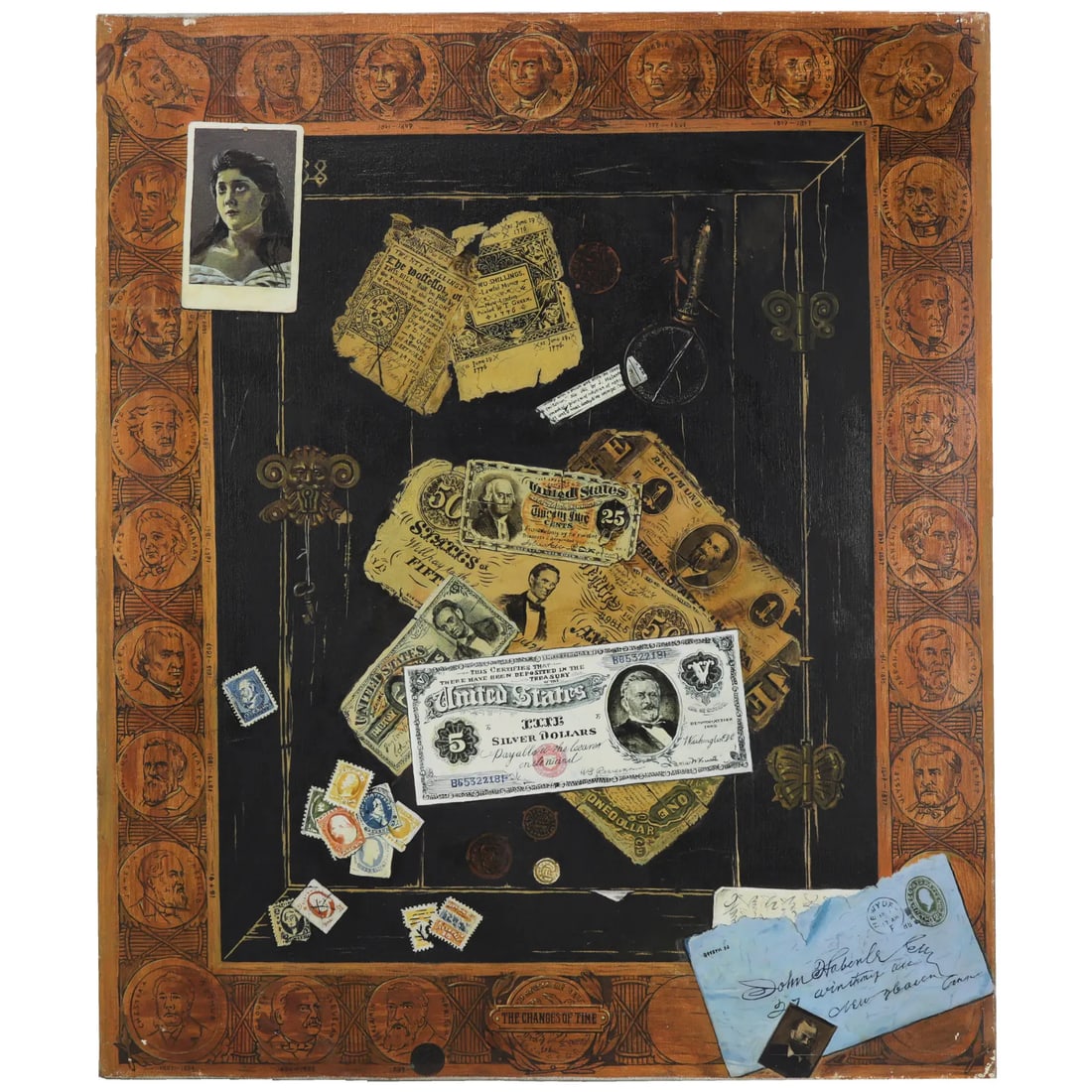 Vintage Trompe l'Oeil Americana Oil Painting With Presidential Border - 9