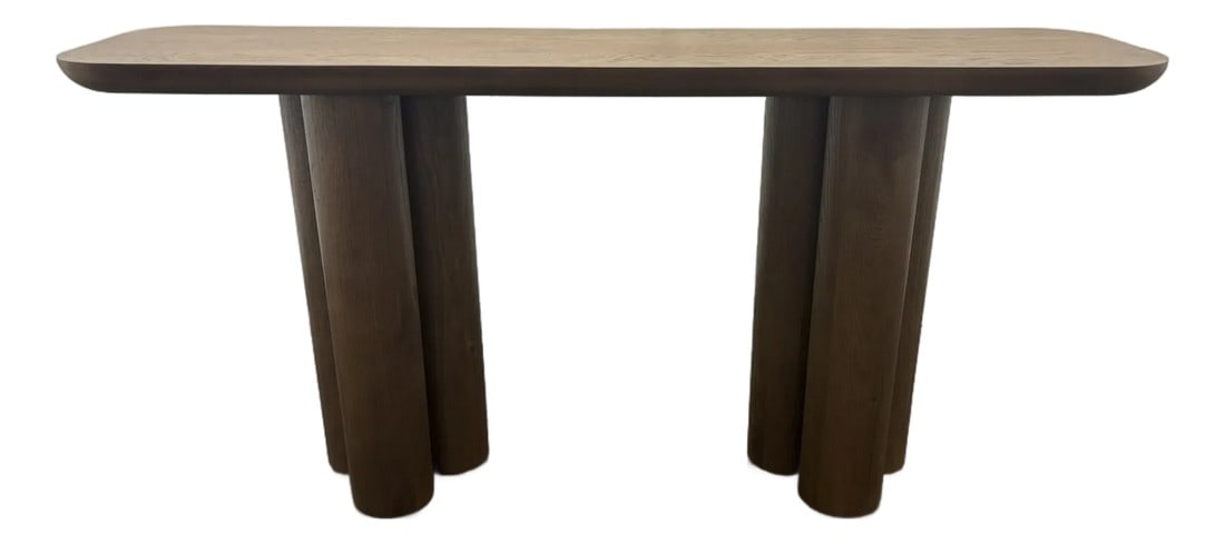Rh Oslo Cylinder Console Table "” 60": RH Oslo Cylinder Console Table "” 60"W Aged Brown Oak | Wire-Brushed White Oak | Sculptural Cylinder Base Open Box | Beautiful Condition | Organic Midcentury Design