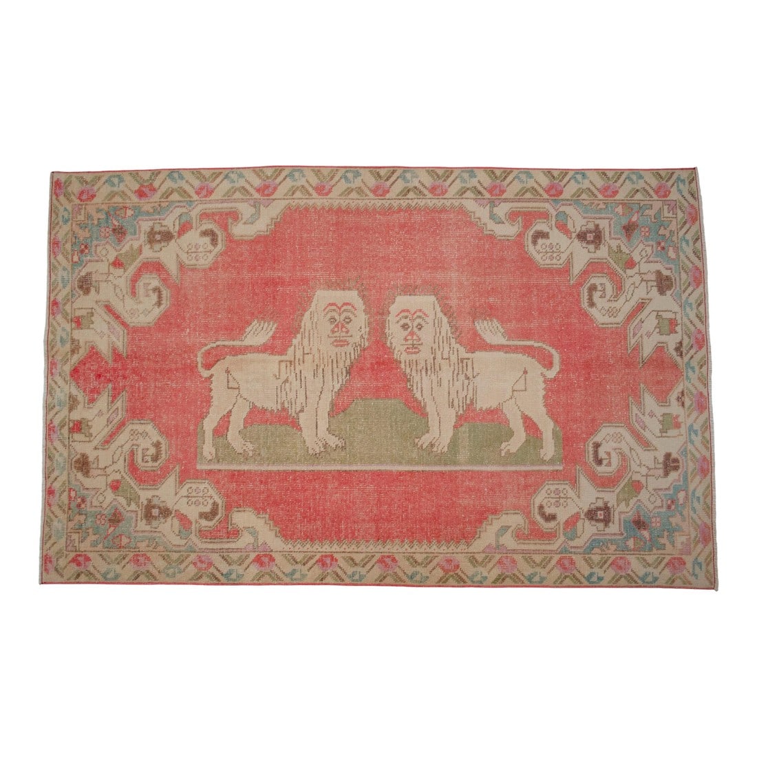 Vintage Turkish Rug Primitive Lion Pattern Hand Knotted Wool Wall & Area Rug - 4'6" X 7'1": Exceptional Vintage Hand-Woven Turkish Rug with Unique Lion Motif Bring a piece of authentic history and captivating design into your home with this stunning vintage Turkish rug. Hand-woven by