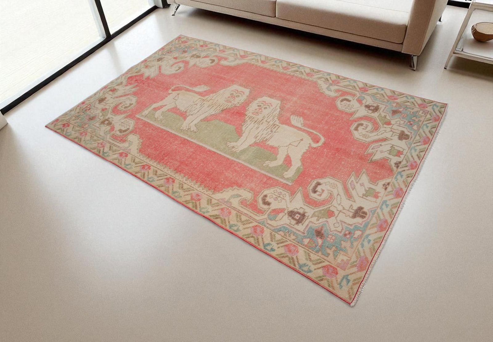 Vintage Turkish Rug Primitive Lion Pattern Hand Knotted Wool Wall & Area Rug - 4'6" X 7'1" - 2