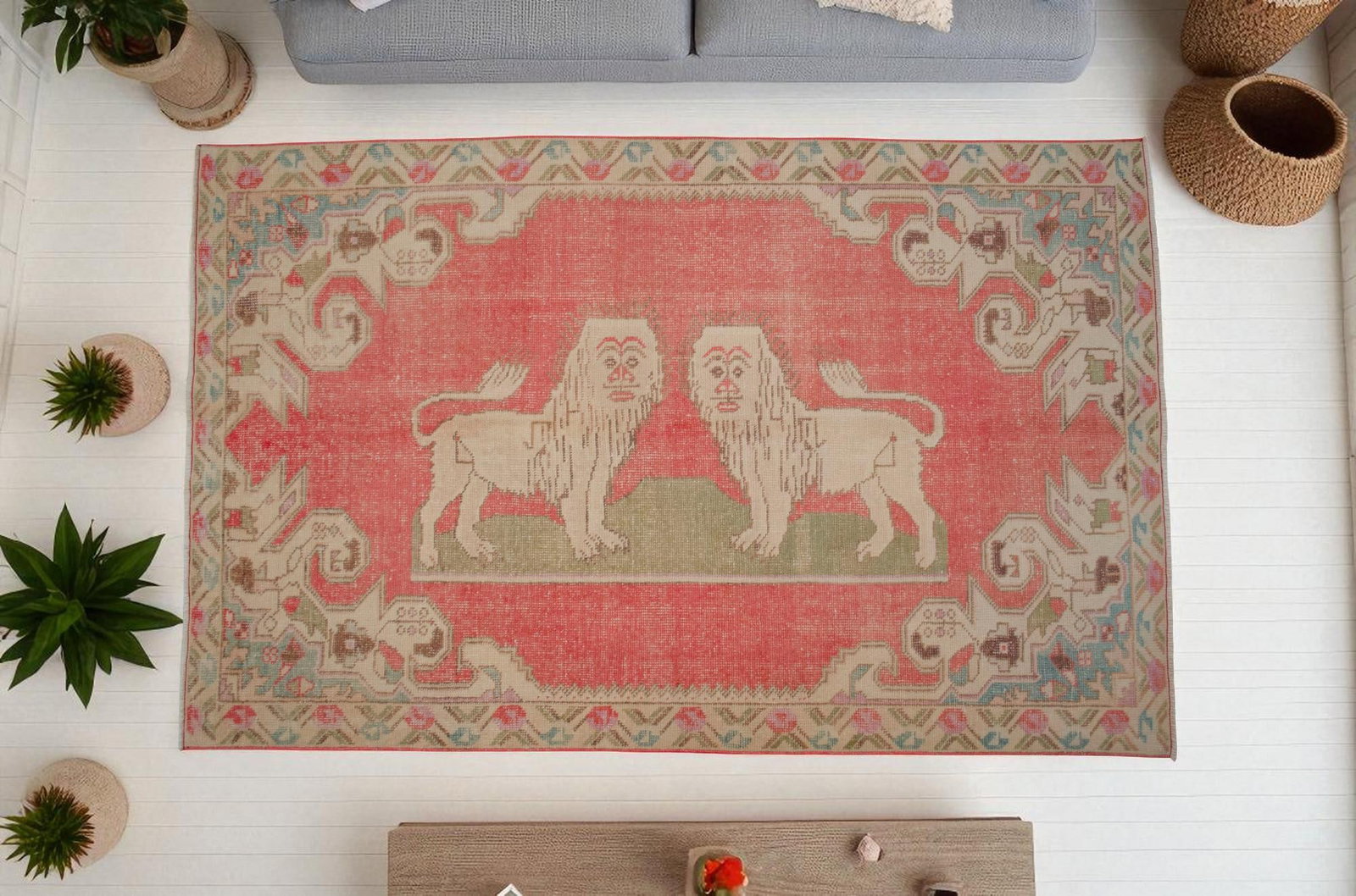 Vintage Turkish Rug Primitive Lion Pattern Hand Knotted Wool Wall & Area Rug - 4'6" X 7'1" - 3