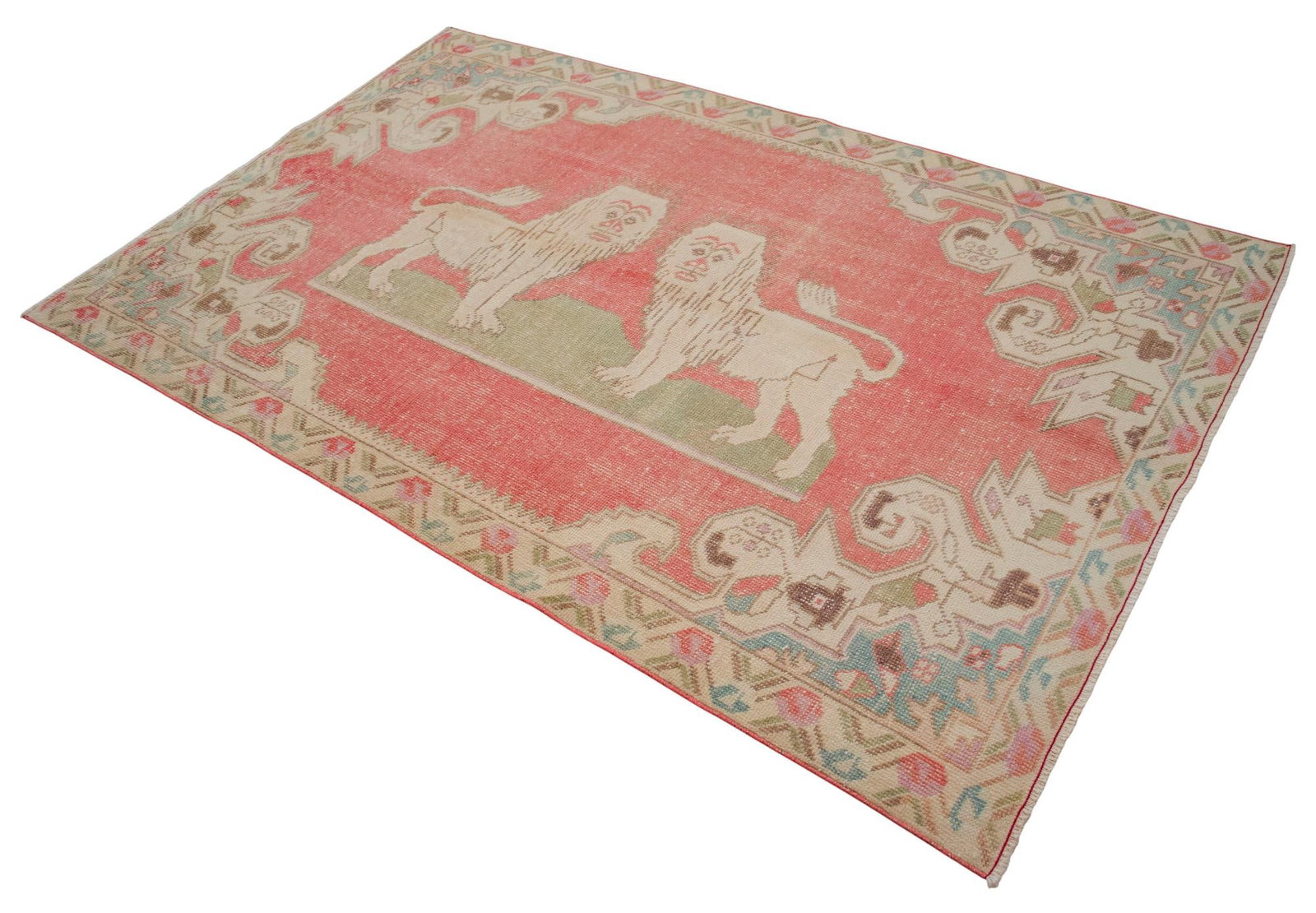 Vintage Turkish Rug Primitive Lion Pattern Hand Knotted Wool Wall & Area Rug - 4'6" X 7'1" - 4