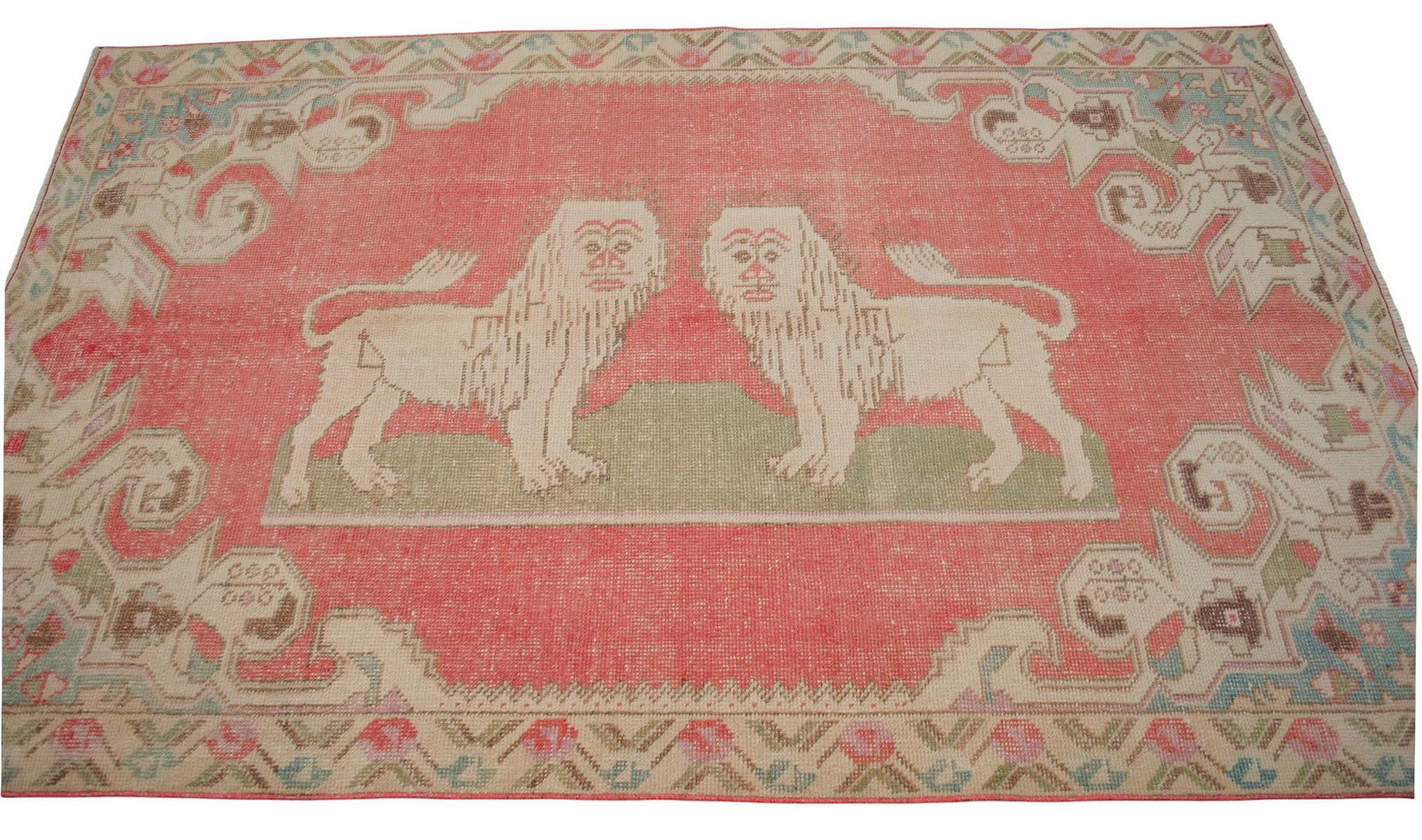 Vintage Turkish Rug Primitive Lion Pattern Hand Knotted Wool Wall & Area Rug - 4'6" X 7'1" - 5