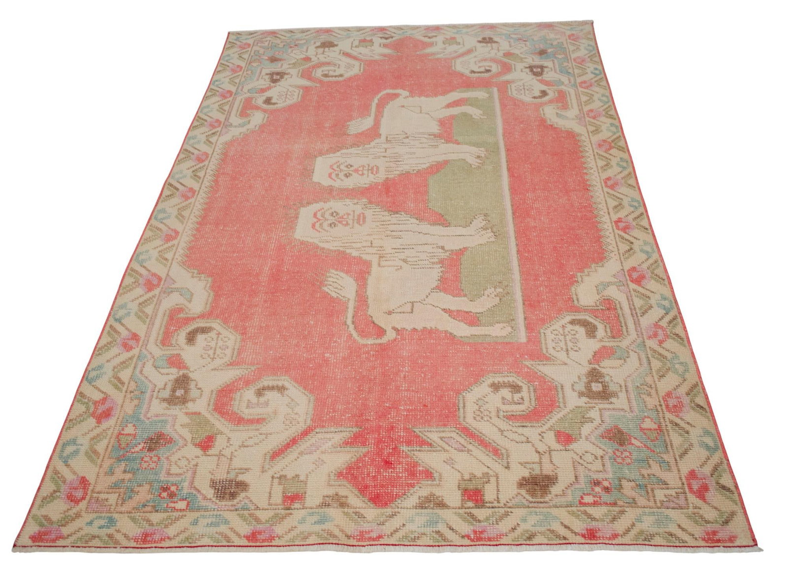 Vintage Turkish Rug Primitive Lion Pattern Hand Knotted Wool Wall & Area Rug - 4'6" X 7'1" - 6