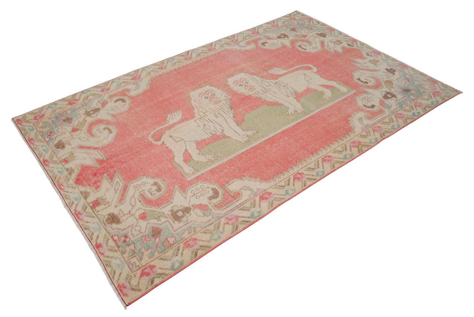 Vintage Turkish Rug Primitive Lion Pattern Hand Knotted Wool Wall & Area Rug - 4'6" X 7'1" - 7