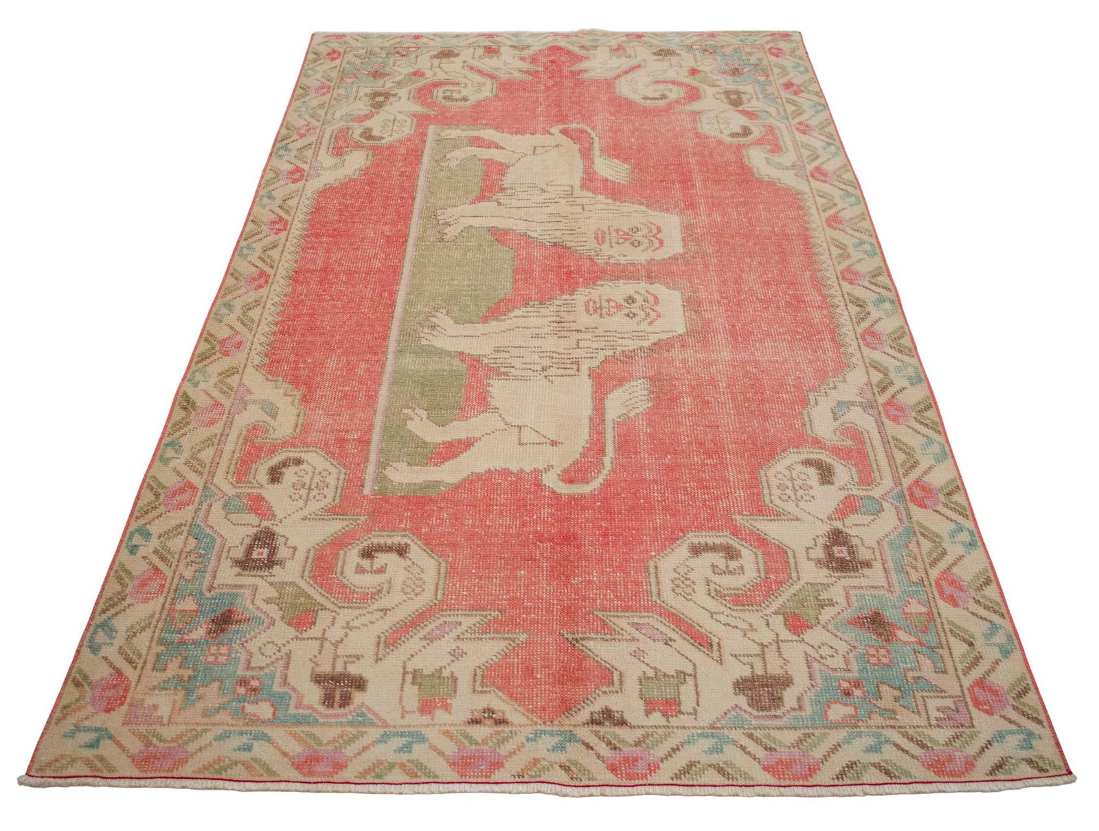 Vintage Turkish Rug Primitive Lion Pattern Hand Knotted Wool Wall & Area Rug - 4'6" X 7'1" - 8