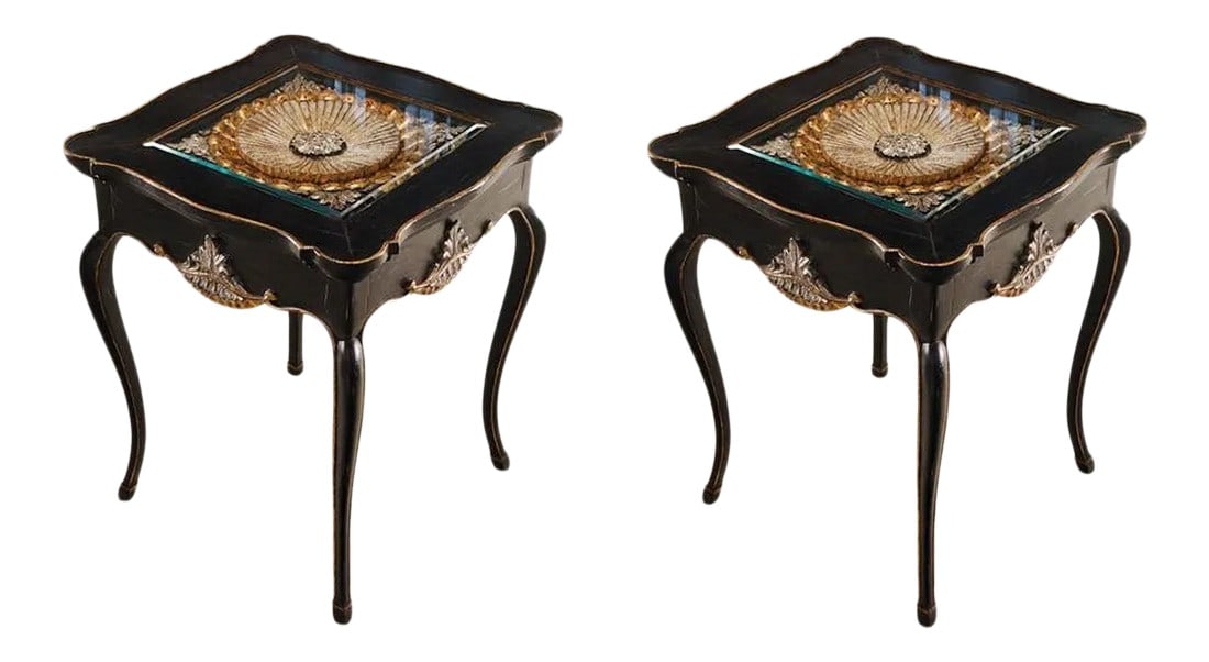 Italian Rococo Style "Wheel" Carved Side Tables - a Pair: Created for The Rothschild Collection -2006 Â© Of overall Italian rococo design manufactured out of American Hard Maple with rubbed ebonized finish highlighted with antiqued parcel gilt and 