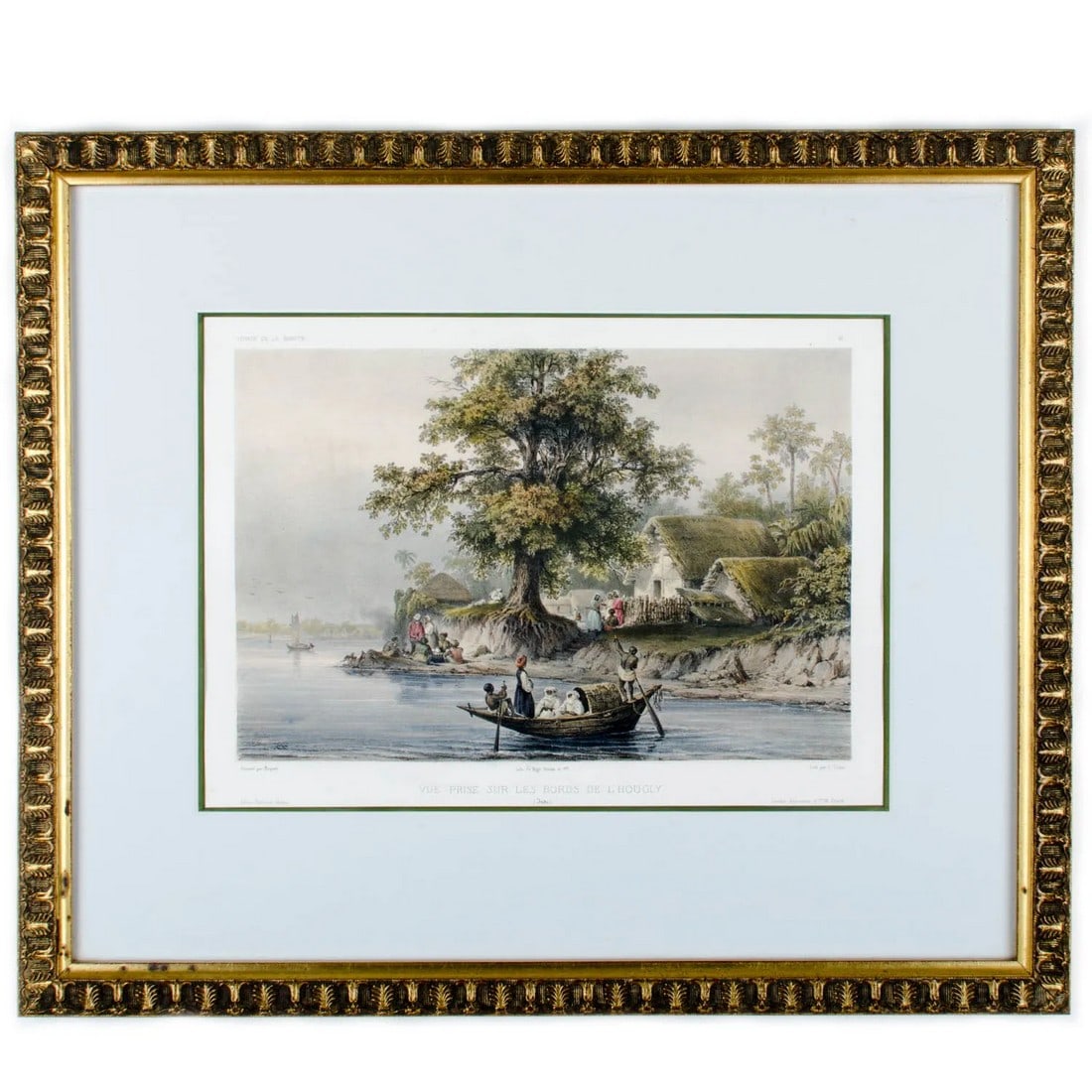 Hooghly River Print by Auguste-Nicolas Vaillant: Print by Auguste-Nicolas Vaillant (France, 1793-1858) entitled "Vue prise sur les bords de l'Hougly, Inde (View of The Banks of the Hooghly River in India)." An extremely rare print with even rarer