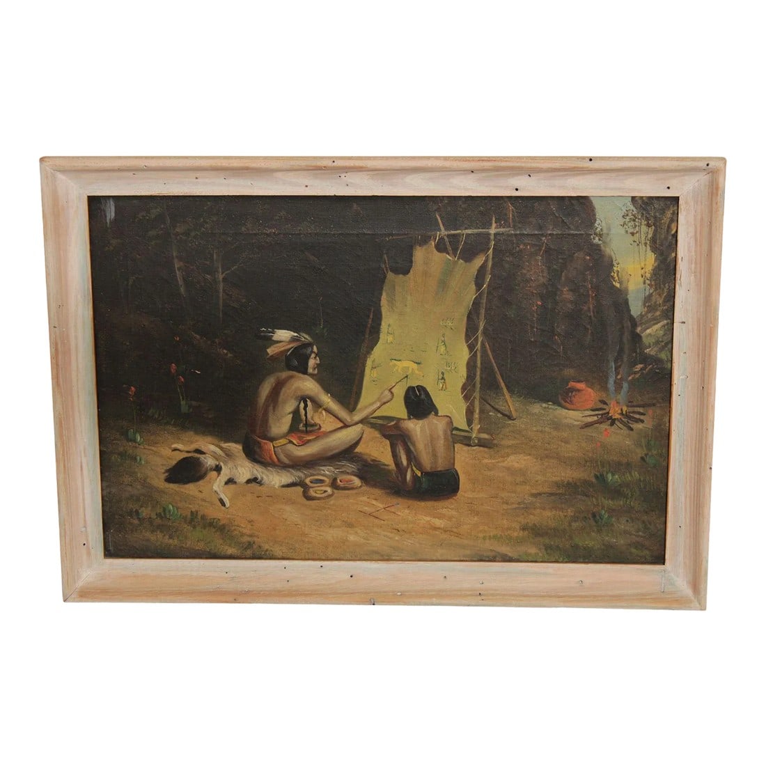 Early 20th C. Native American Oil Painting: High Quality Vintage Native American Painting Hide Scene, Oil on Canvas, Custom Natural Wood Frame Condition: Alterations: Original Condition Unaltered Imperfections: Some Imperfections Condition