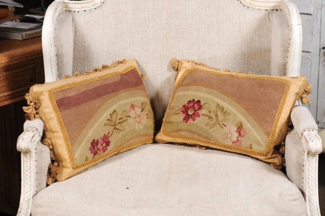 French 19th Century Aubusson Tapestry Pillows with Flowers & Tassels - a Pair - 2
