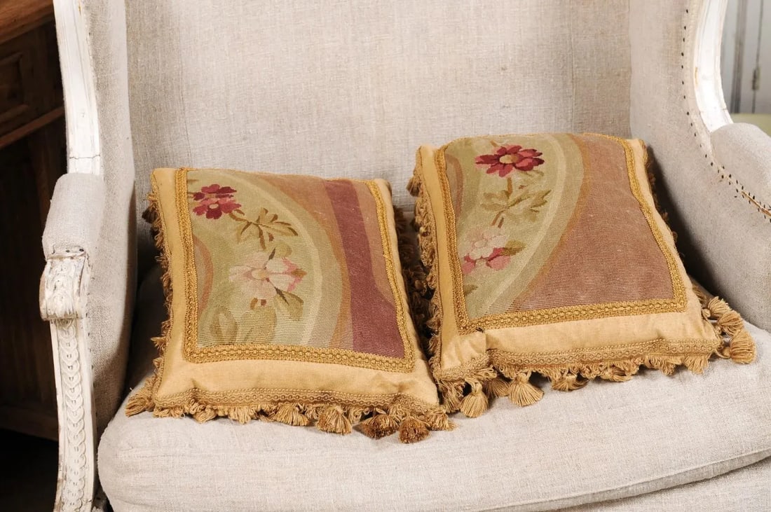 French 19th Century Aubusson Tapestry Pillows with Flowers & Tassels - a Pair - 3