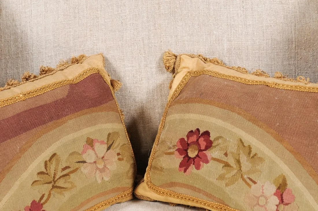 French 19th Century Aubusson Tapestry Pillows with Flowers & Tassels - a Pair - 6