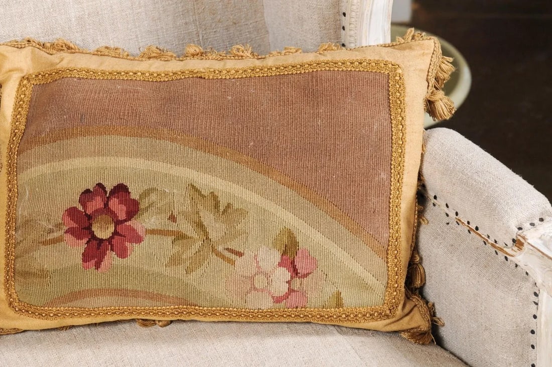 French 19th Century Aubusson Tapestry Pillows with Flowers & Tassels - a Pair - 7