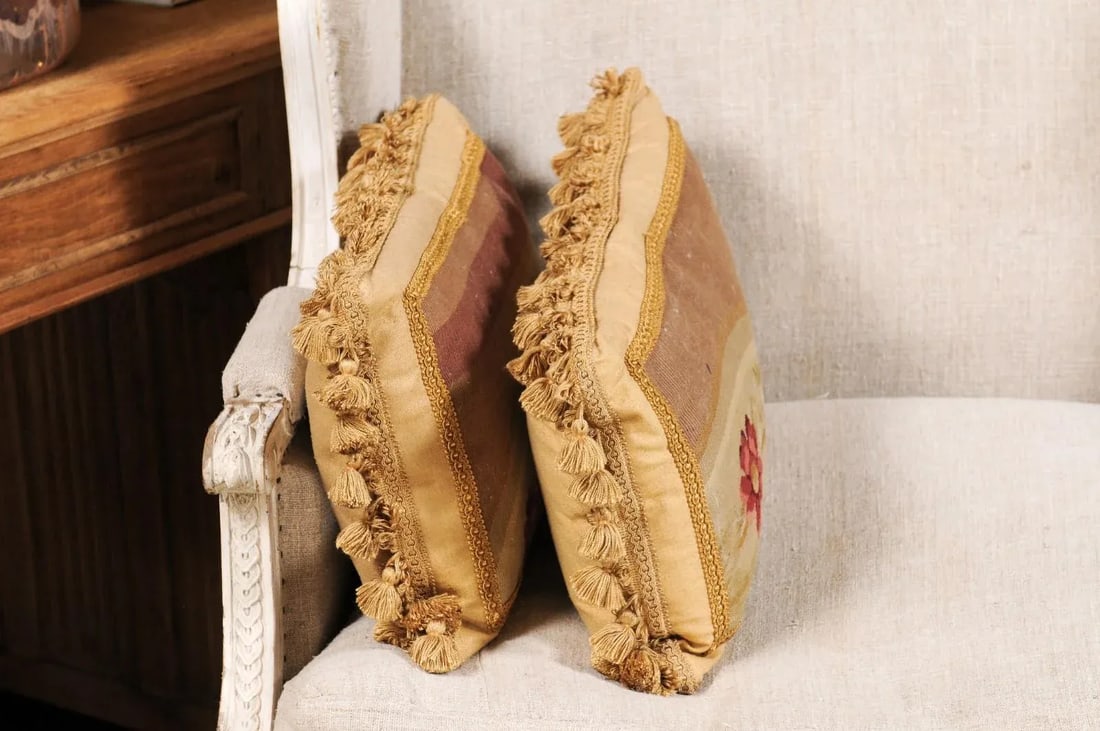 French 19th Century Aubusson Tapestry Pillows with Flowers & Tassels - a Pair - 8