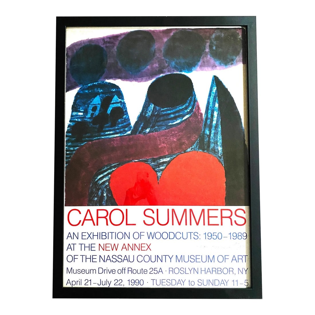 1990s Nassau County Museum of Art Carol Summers Exhibition Artist's Proof Signed Poster, Framed: Original Carol Summers Signed Art Poster. Artist proof signed by artist Carol Summers 48/50. Proof by Mezzogiomo. Poster reads: "Carol Summers An Exhibition of Woodcuts: 1950 - 1989 At the New Annex O