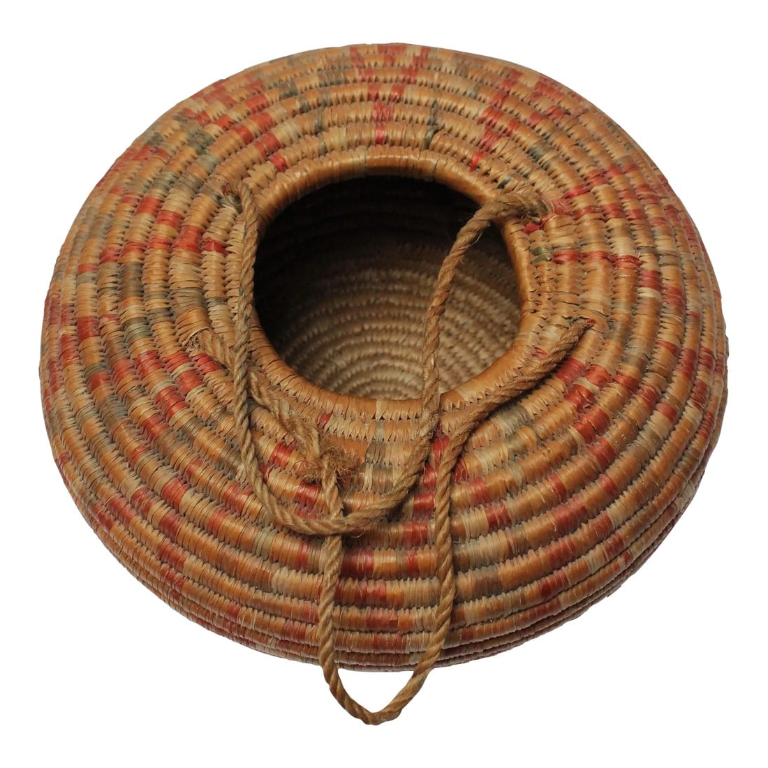 Vintage American Indian Style Dyed and Coiled Chevron Wicker Basket: Ca. 1940s vegetable dyed and coiled wicker basket / bowl displaying a chevron pattern (believed to be Native American - likely Navajo - given its construction and pattern). Striking colors and sharp, 