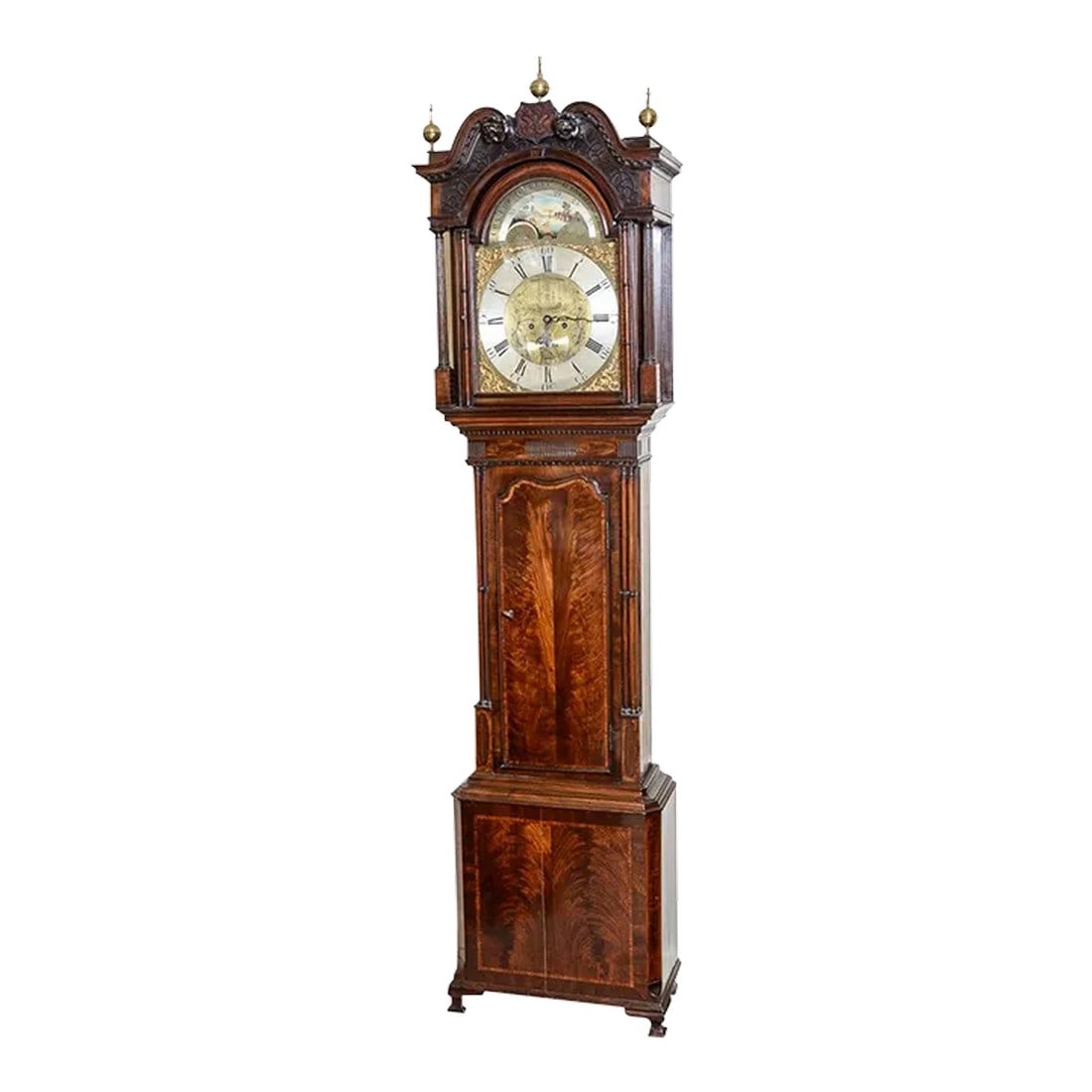 Antique English George III Long Case Clock: C.1785, George II long case clock, signed Charles Gillett, Manchester England. Engraved brass face and spires, as well as moving moon in the arch at top. Lovely contrast wood accents Condition: Altera