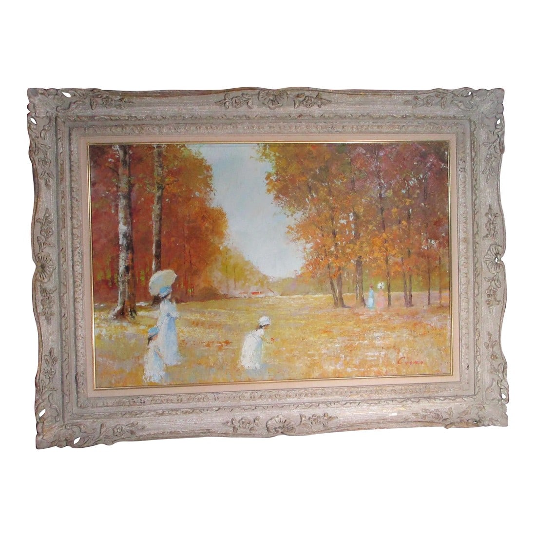 Circa 1970s E. J. Cygne Impressionist Meadow Landscape Painting, Framed: Impressionist oil landscape in the period frame. E. J. Cygne was born in 1929 in the USA. Worked extensively in the impressionist idiom and created nostalgic pastorals of the late 19th century. Stroll