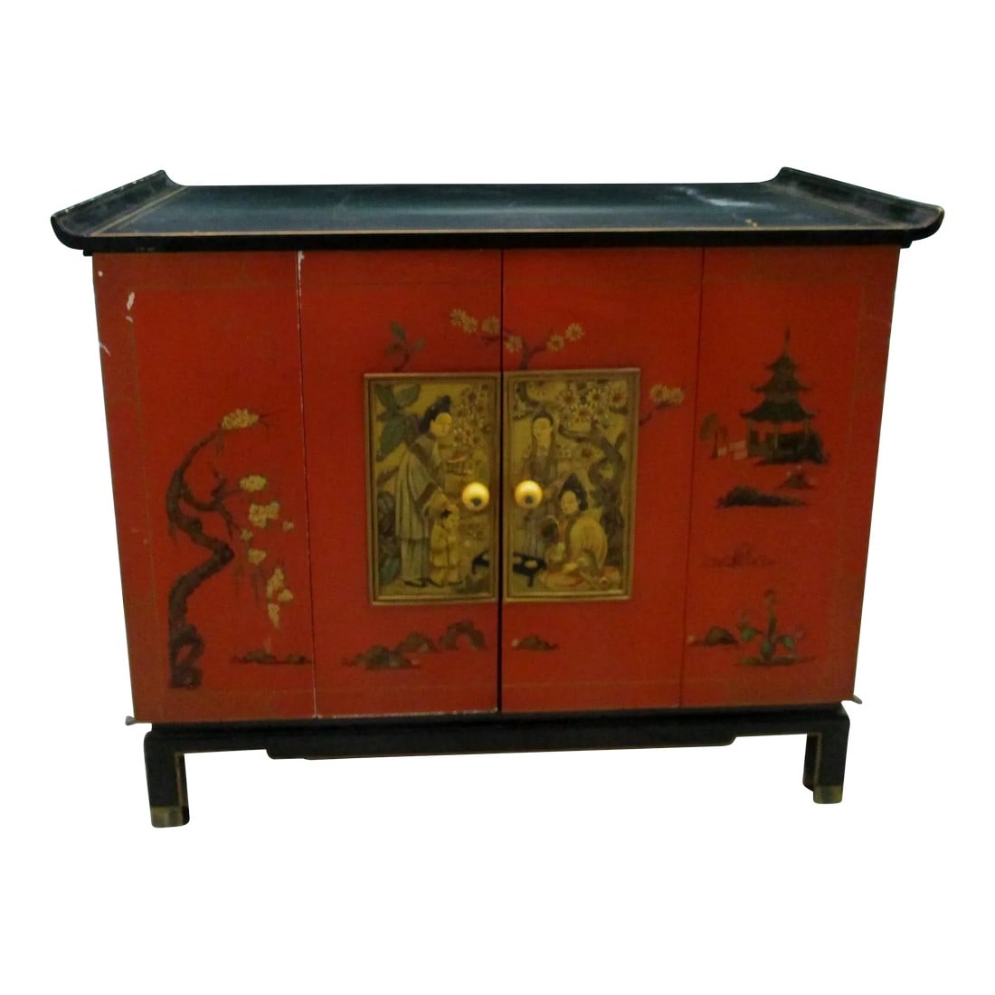 1940s Vintage Asian Black and Red Lacquer Cabinet With Bifold Doors (1 of 13)