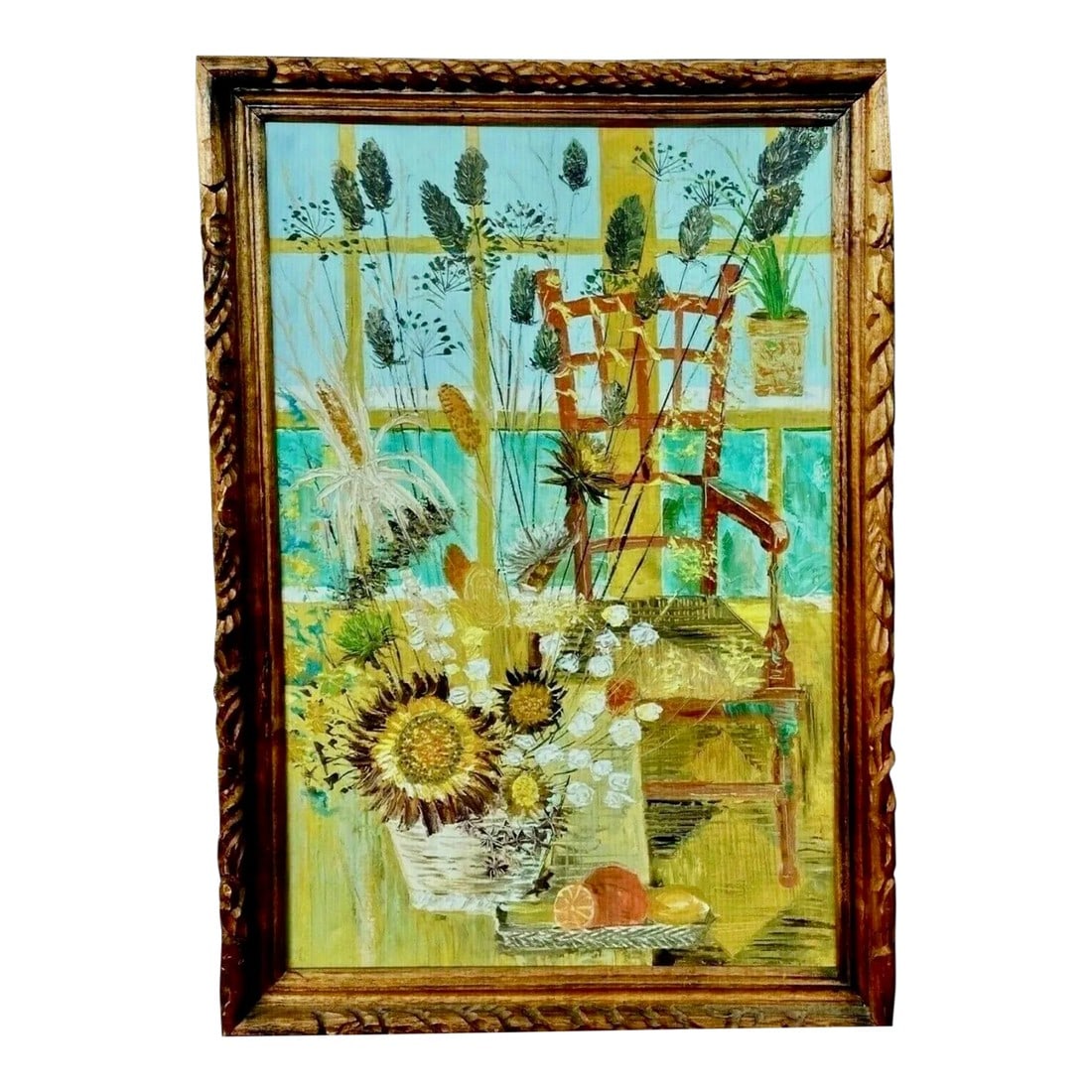 Large Oil on Canvas Window Scene Painting, Mid-Century: Gorgeous over-sized mid-century oil painting on canvas. Painting is of flowers and chair in front of windowpane. Vibrant golds, reds, and green in front of window, all surrounded by an ornate carved w