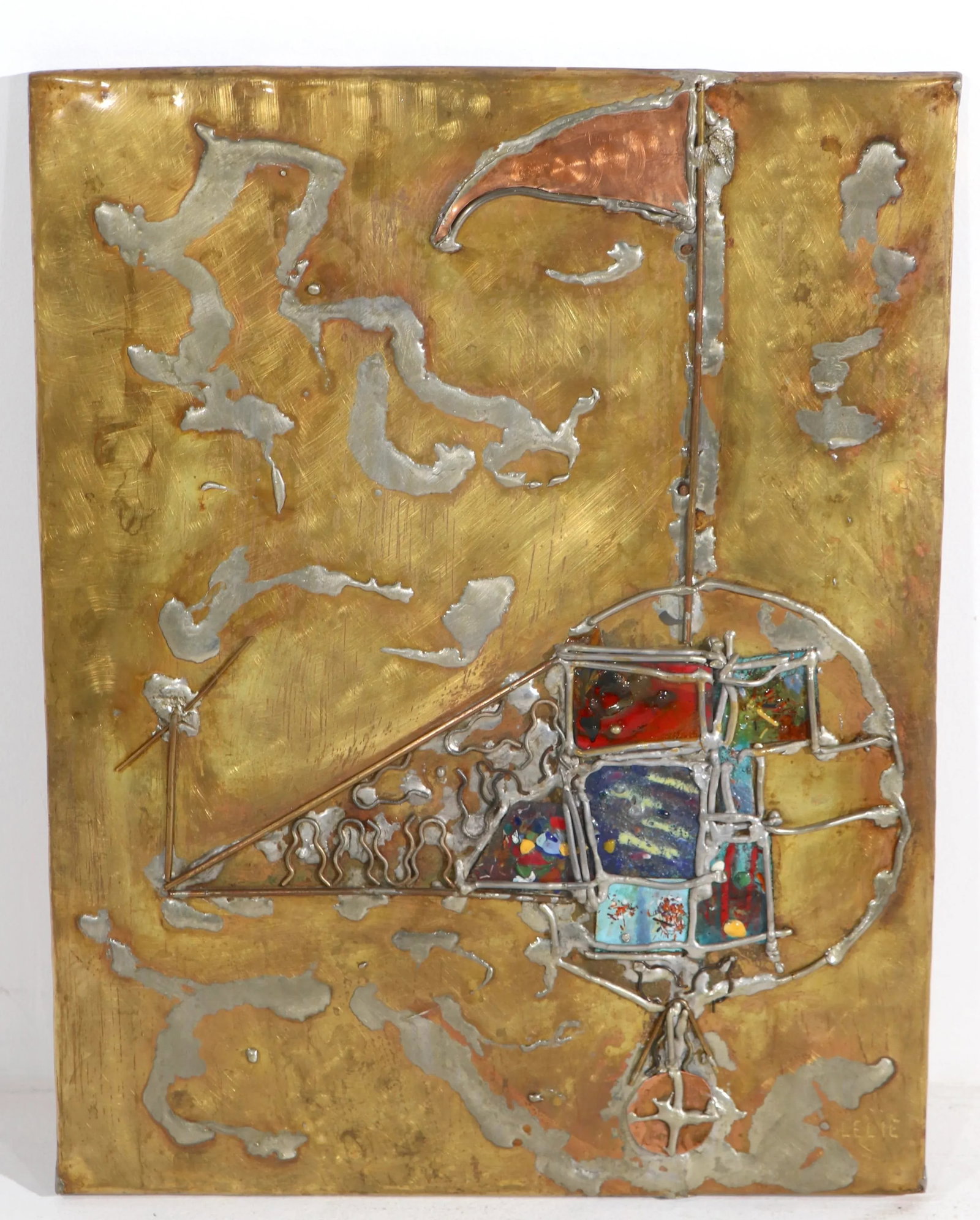 Brutalist Mixed Metal and Enamel Wall Plaque Signed Lilie Ca. 1970's - 11