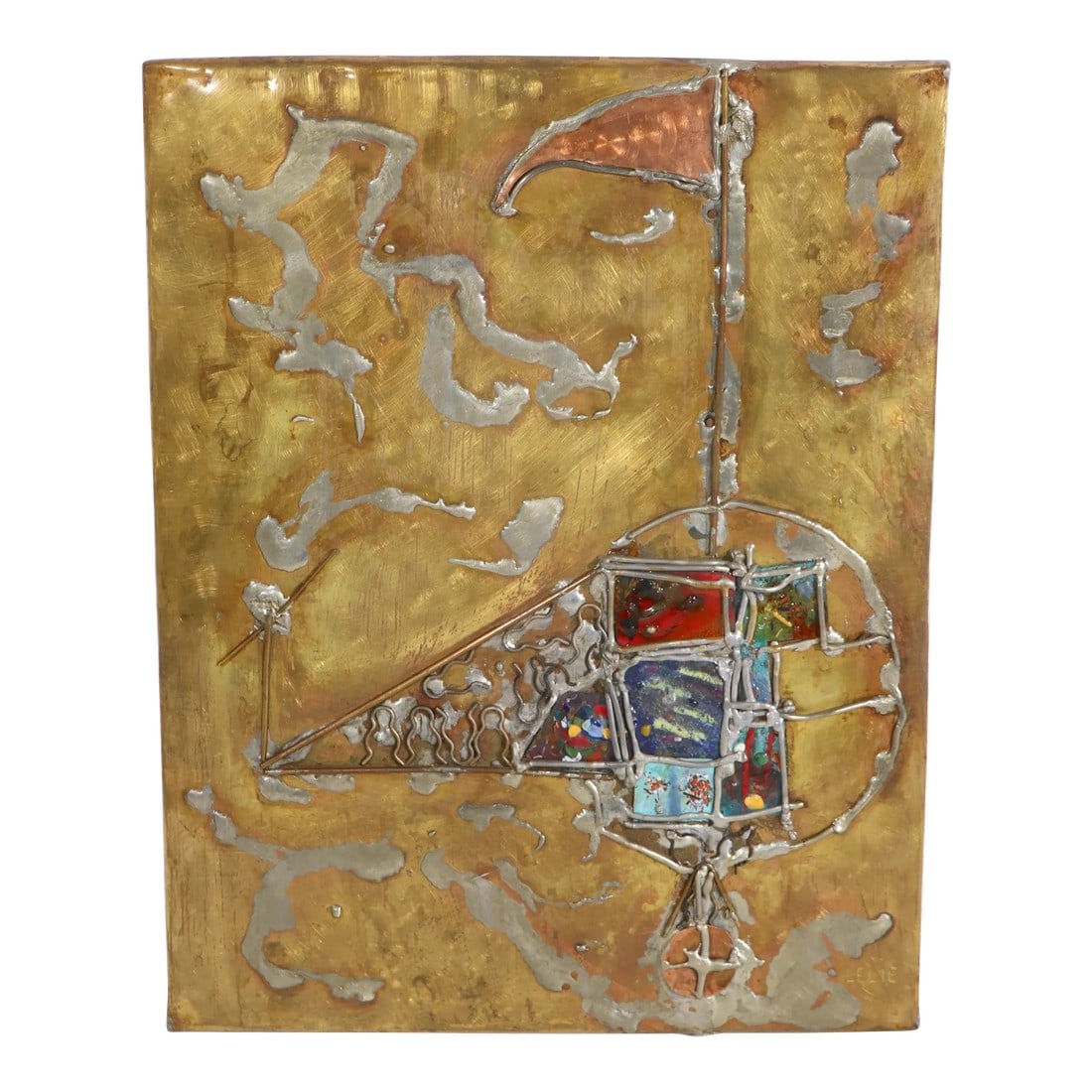Brutalist Mixed Metal and Enamel Wall Plaque Signed Lilie Ca. 1970's: Mi=ed metal and enamel panel wall plaque executed in the Brutalist style, depicting a stylized helicopter in profile, signed Lelie. This piece is in excellent original condition, free of damage, flaws