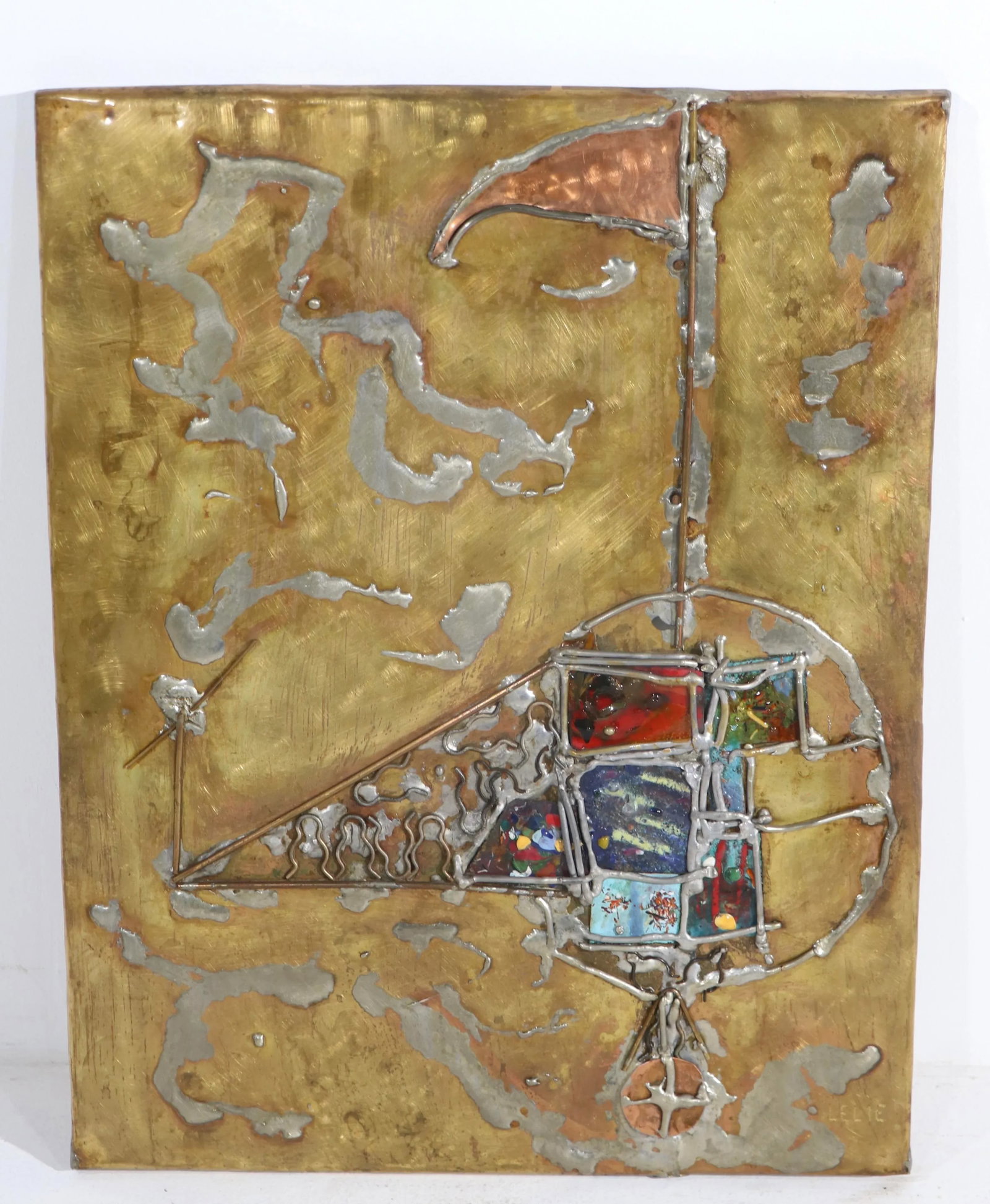 Brutalist Mixed Metal and Enamel Wall Plaque Signed Lilie Ca. 1970's - 2