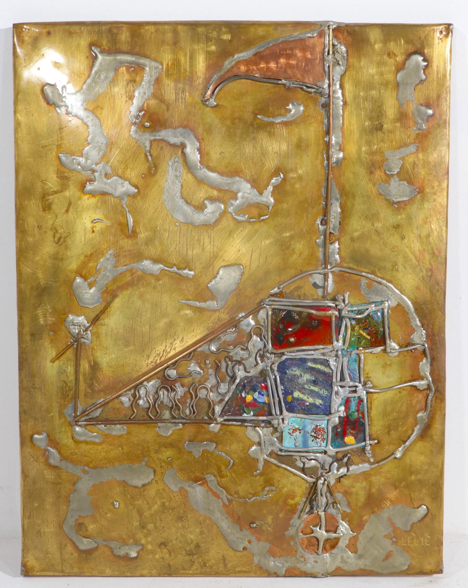 Brutalist Mixed Metal and Enamel Wall Plaque Signed Lilie Ca. 1970's - 4