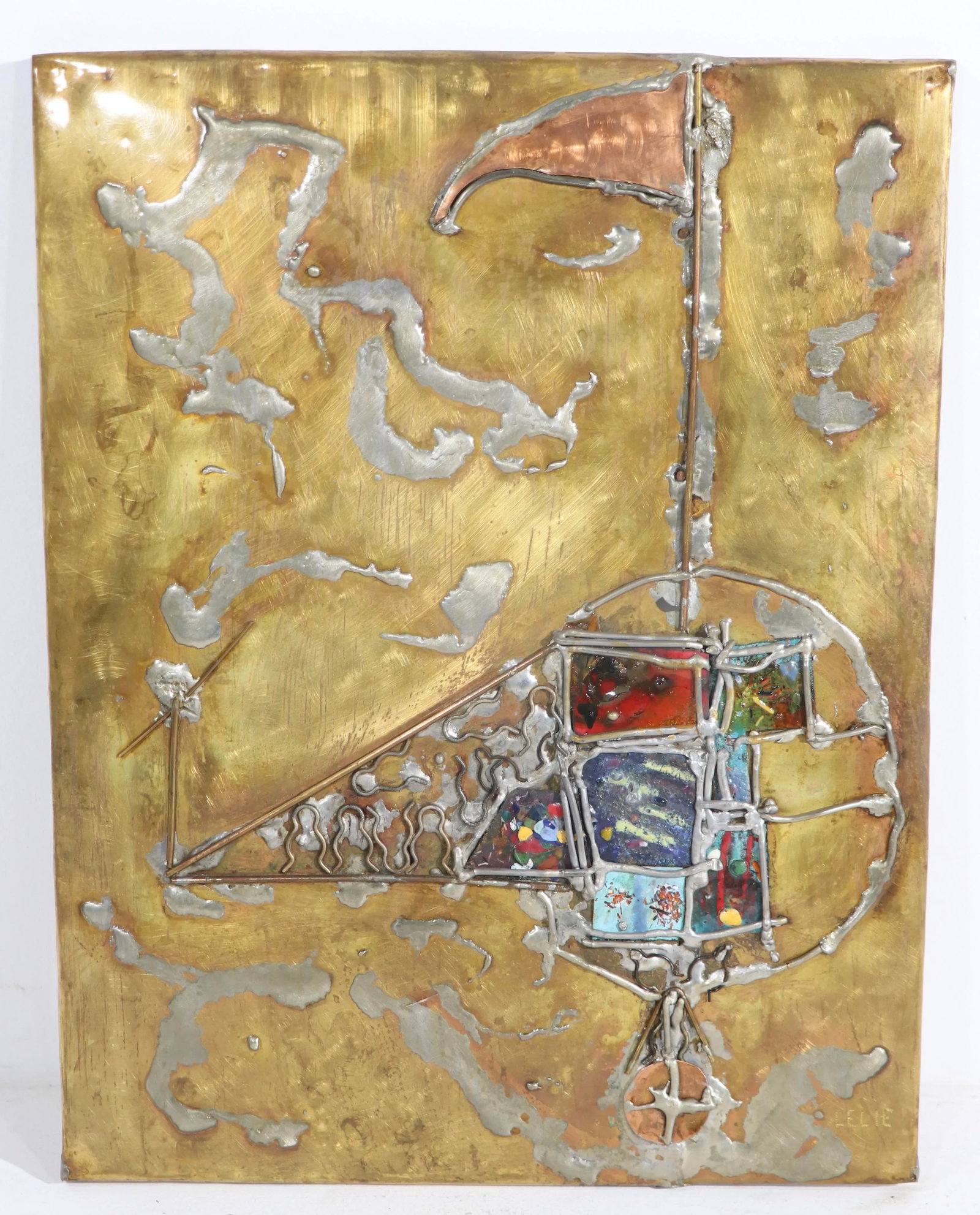 Brutalist Mixed Metal and Enamel Wall Plaque Signed Lilie Ca. 1970's - 5