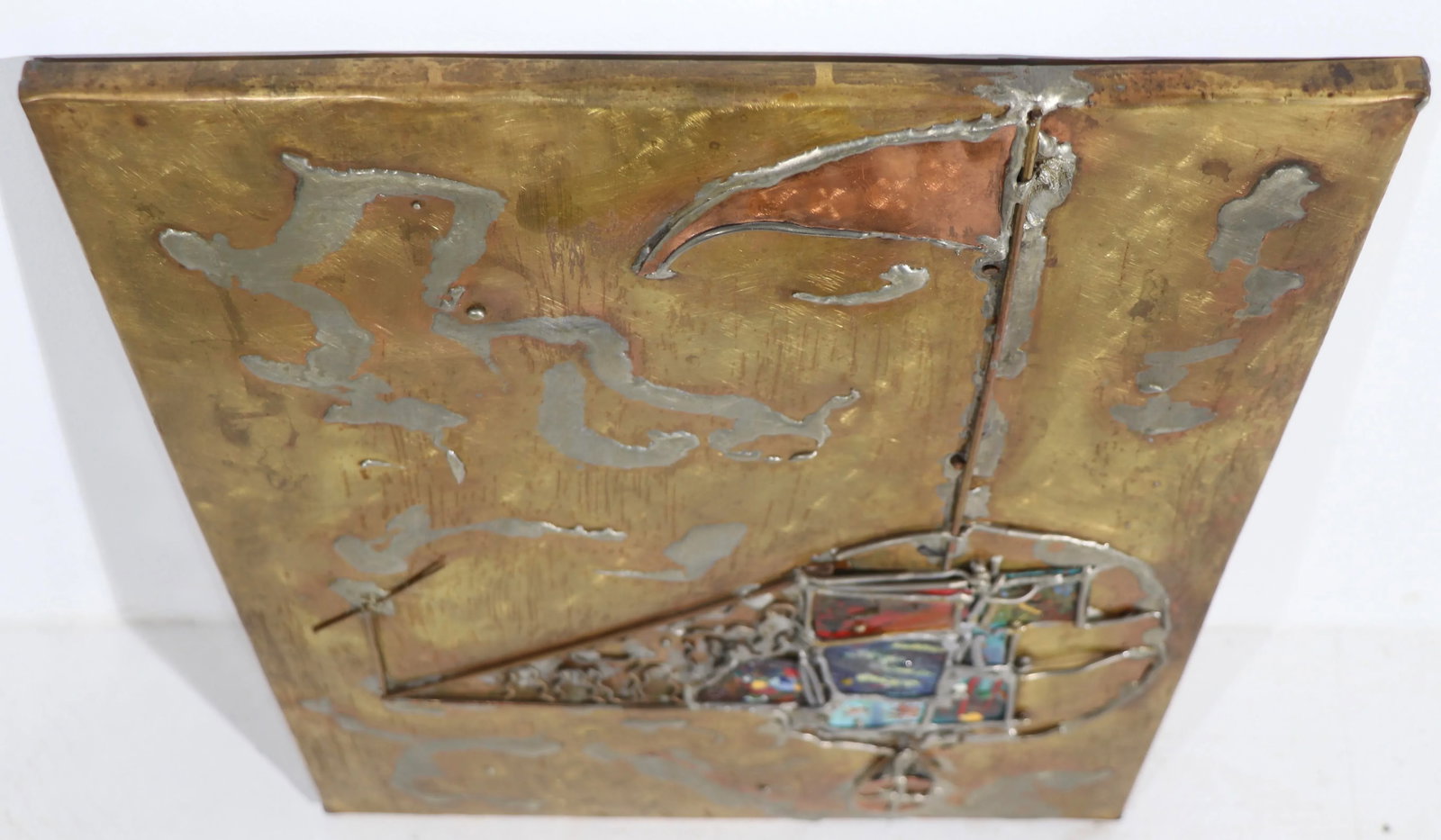 Brutalist Mixed Metal and Enamel Wall Plaque Signed Lilie Ca. 1970's - 7