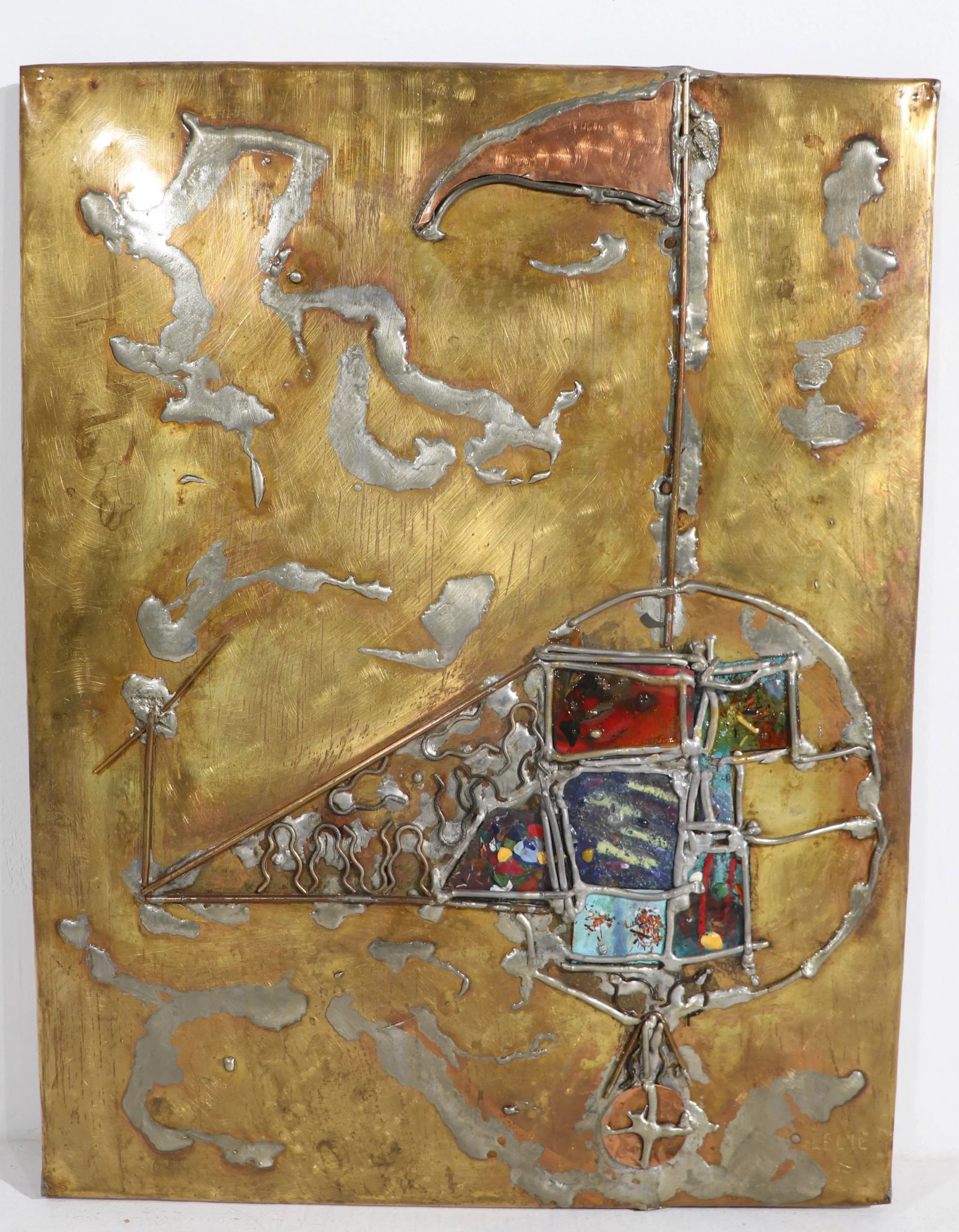 Brutalist Mixed Metal and Enamel Wall Plaque Signed Lilie Ca. 1970's - 9