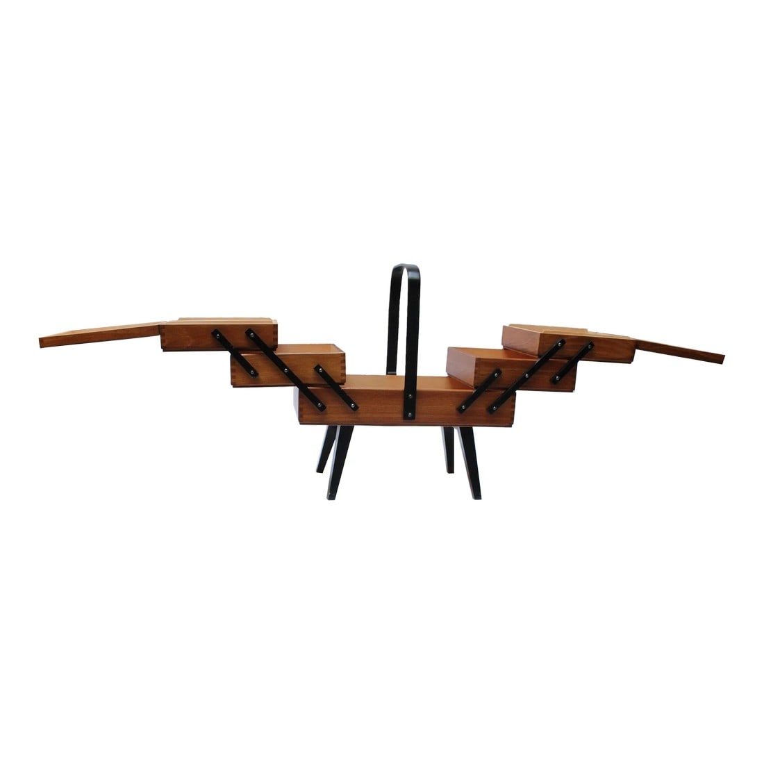 Mid-Century American Modern Stained Oak Extendable Sewing Stand: Inspired by a Norwegian design by A StrÃ¸mmen Bruk Hamar, this American version is stained oak with ebonized slats, pulls, turned legs, and a bentwood handle. Very well constructed with