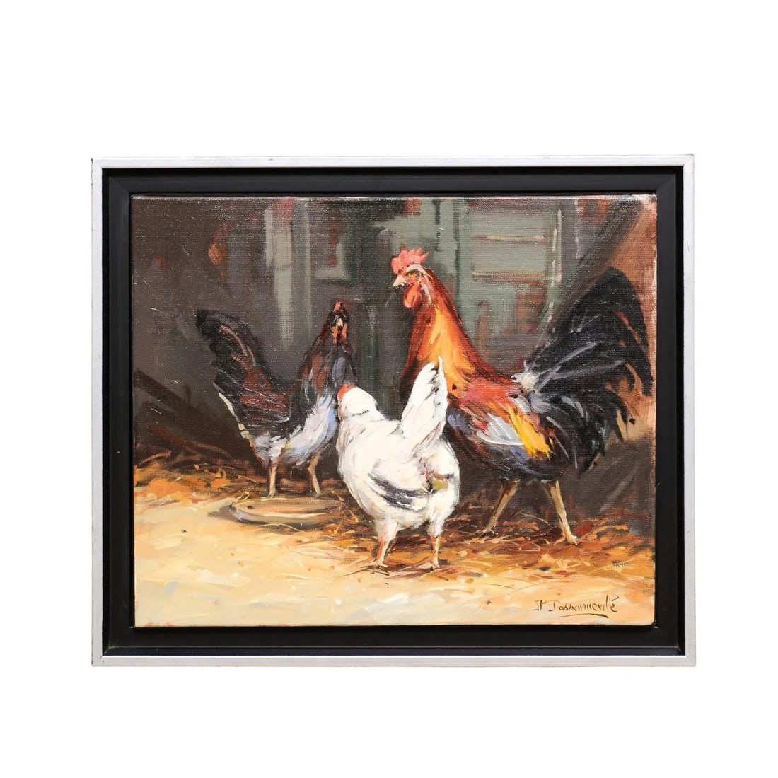 French Late 20th Century Framed and Signed Oil on Canvas Barnyard Scene Painting - 2