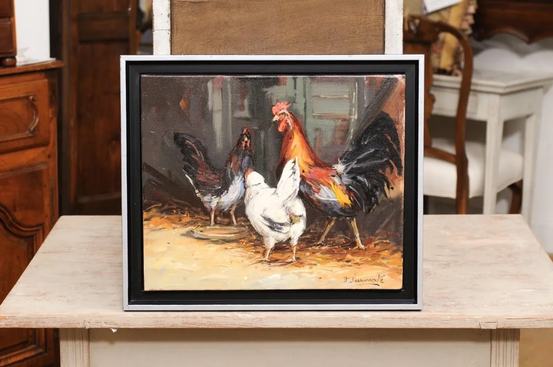 French Late 20th Century Framed and Signed Oil on Canvas Barnyard Scene Painting - 7
