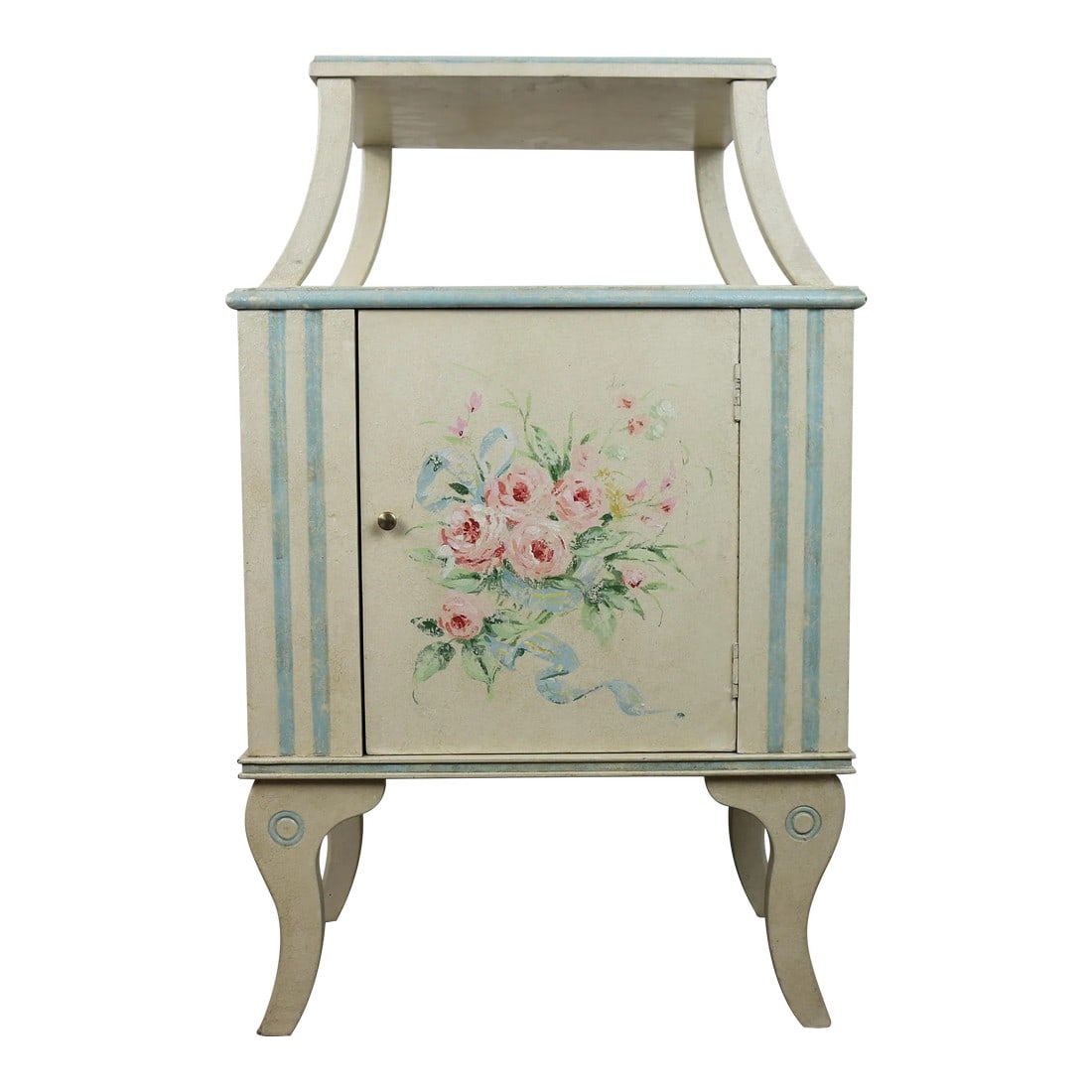 Vintage English-Style Hand-Painted Flower Double-Layer Side Table: vintage English-style hand-painted flower double-layer side table. Fluted design in the front sides. Shaped legs add to the beauty to the table. 21" * 14" * 33.5" Condition: Alterations: Original Cond