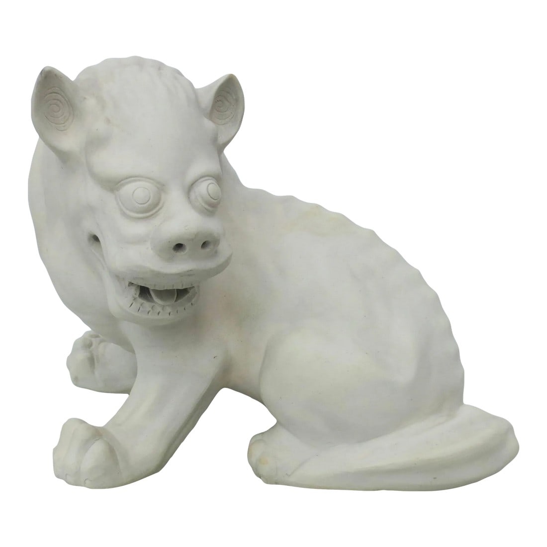 Late 20th Century Chinese Porcelain Bisque Foo Dog: Cerami porcelain bisque Chinese beast or Foo dog. Molded-in porcelain with a bisque finish, the dog snarls and turns to the left. Rolling sculpted surface, bulging eyes, and open jaws. The size is 11"
