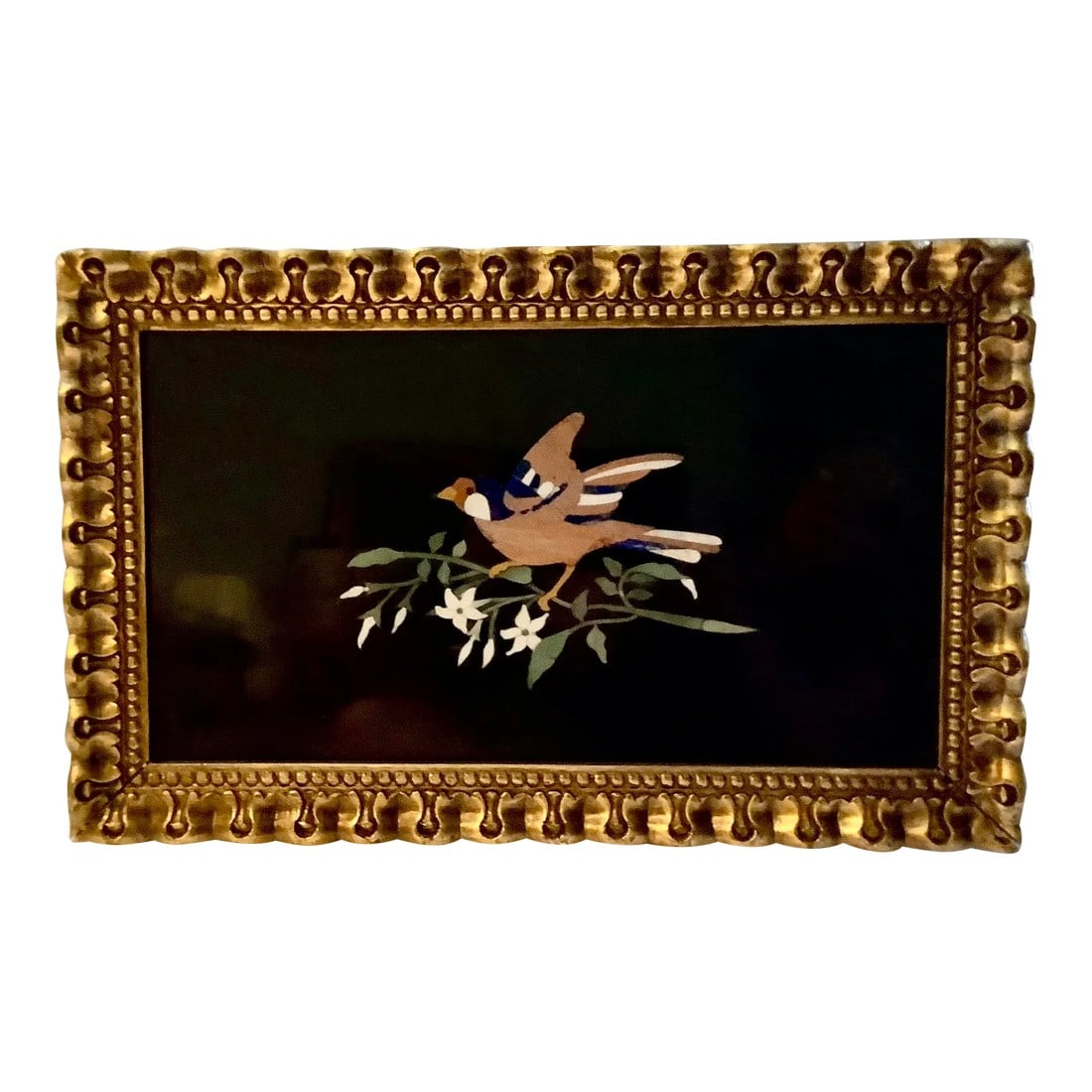 Vintage Italian Pietra Dura Mosaic Plaque on Marble, Framed (2): Vintage Italian Grand Tour Style Pietra Dura mosaic plaque. Plaque has colorful inlayed stone on black marble depicting a bird, branches and flowers. Beautifully gold framed. DIMENSIONS 21Êº