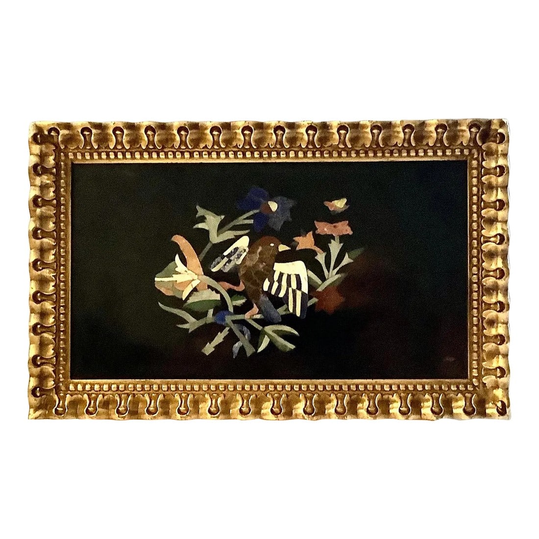 Vintage Italian Pietra Dura Mosaic Plaque on Black Marble, Framed (3): Vintage Italian Grand Tour Style Pietra Dura mosaic marble plaque. Black marble plaque has colorful inlayed stone on black marble depicting a bird surrounded by flowers in brilliant blues, greens, and
