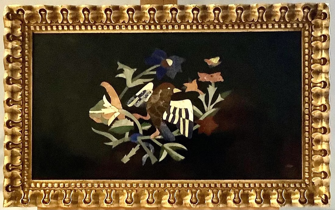 Vintage Italian Pietra Dura Mosaic Plaque on Black Marble, Framed (3) - 7