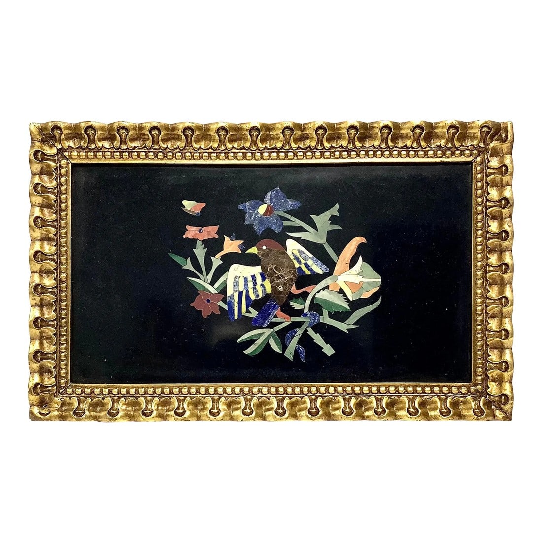 Vintage Italian Grand Tour Style Pietra Dura Mosaic Plaque (4): A Beautiful Italian Grand Tour Style Pietra Dura Mosaic On Marble Plaque with gilt framing. Picture is a a colorful mosaic bird surrounded by branches and flowers. DIMENSIONS 21ÊºW ×