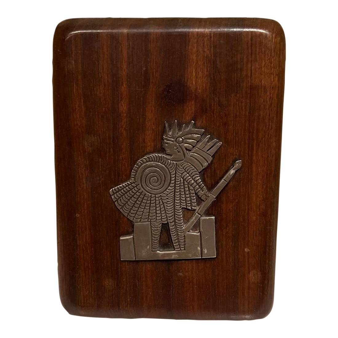 1940s Hand Carved Mahogany Box Silver Aztec Indian: AMBIANIC presents: From Mexico, finely crafted small Wood Box hand carved in exotic Mahogany Beautifully polished with elegant curves. Cover Lid has Mexican Aztec warrior designed in silver. No signat