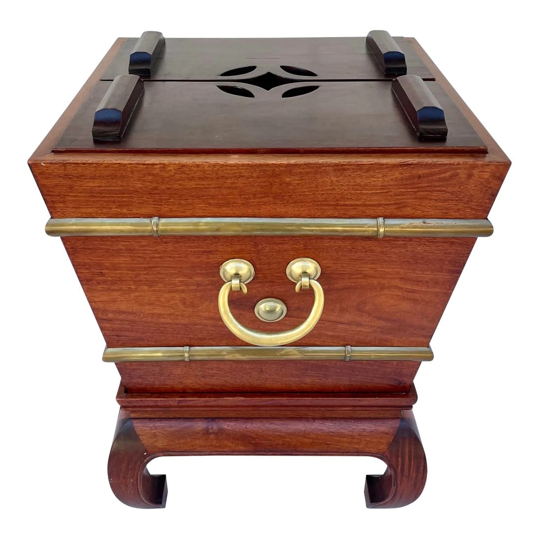 Mid-Century Rosewood and Brass Beverage Ice Box by George Zee: Here is an INCREDIBLE piece designed by George Zee in the 1950's. As you can see, this piece comes with several pieces - a stand, outer container, inner brass liner and two carved wood pieces as the l