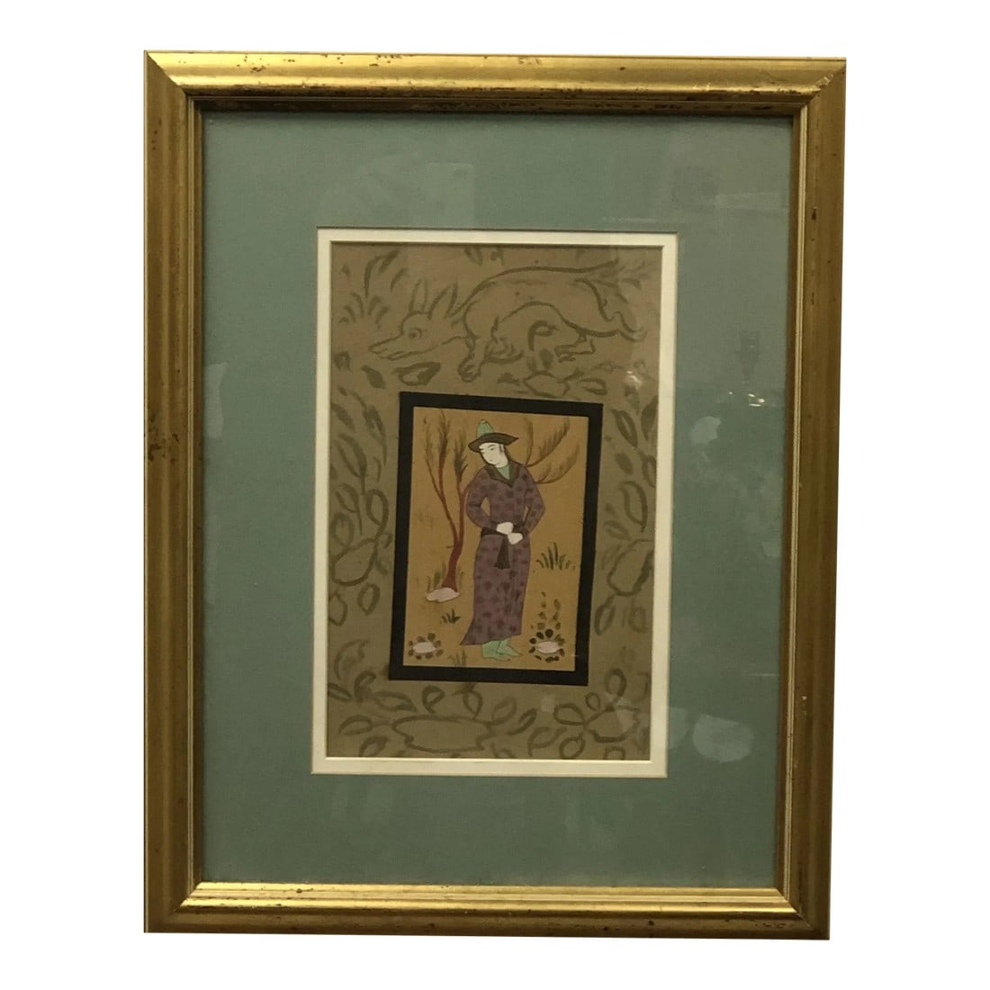 Noble Thoughts in the Quiet Wild - Antique Persian Watercolor Painting: This antique Persian watercolor painting presents a refined and poetic composition, reflecting the rich visual storytelling tradition of Persian art. The work originates from the mid-20th century and 
