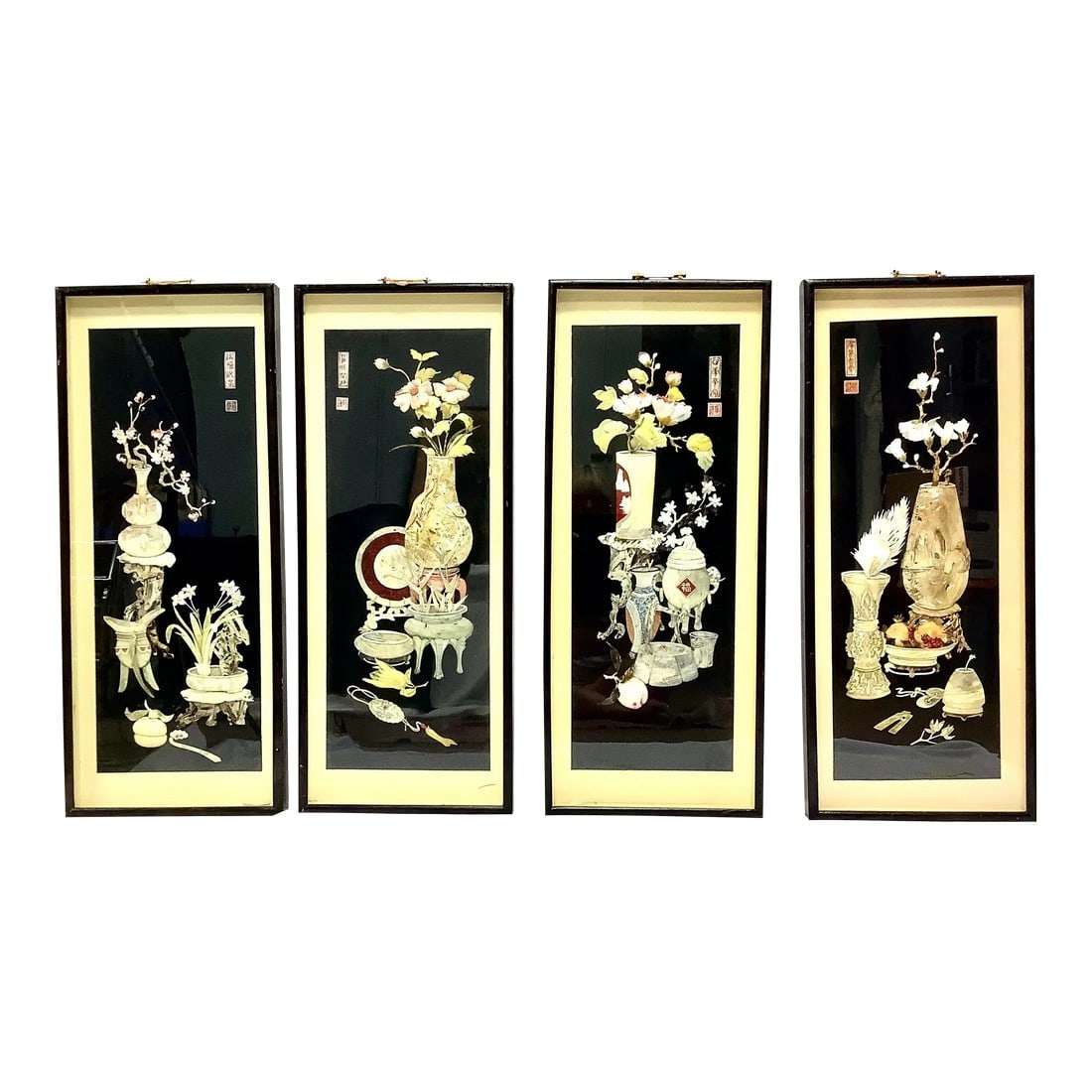 Vintage Chinese Shadowboxes With 3d Abalone Shell Art, Set of Four: Vintage 3-D Chinese shadowboxes with abalone shell art, set of 4. 31.5Êº Tall X 1.5" D x 13" Wide Condition: Alterations: Original Condition Unaltered Imperfections: Some Imperfections